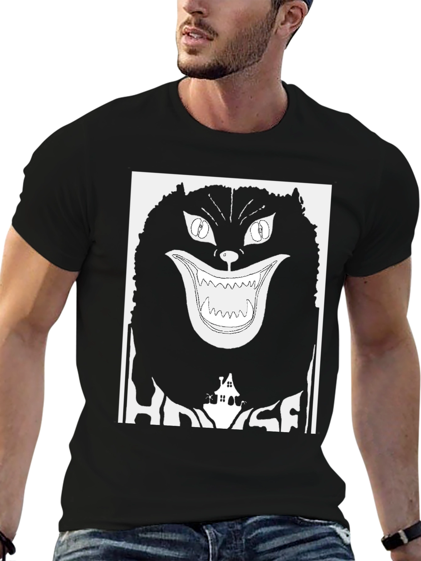 Black Creepy Cat Graphic Tee - Black Cotton view 6