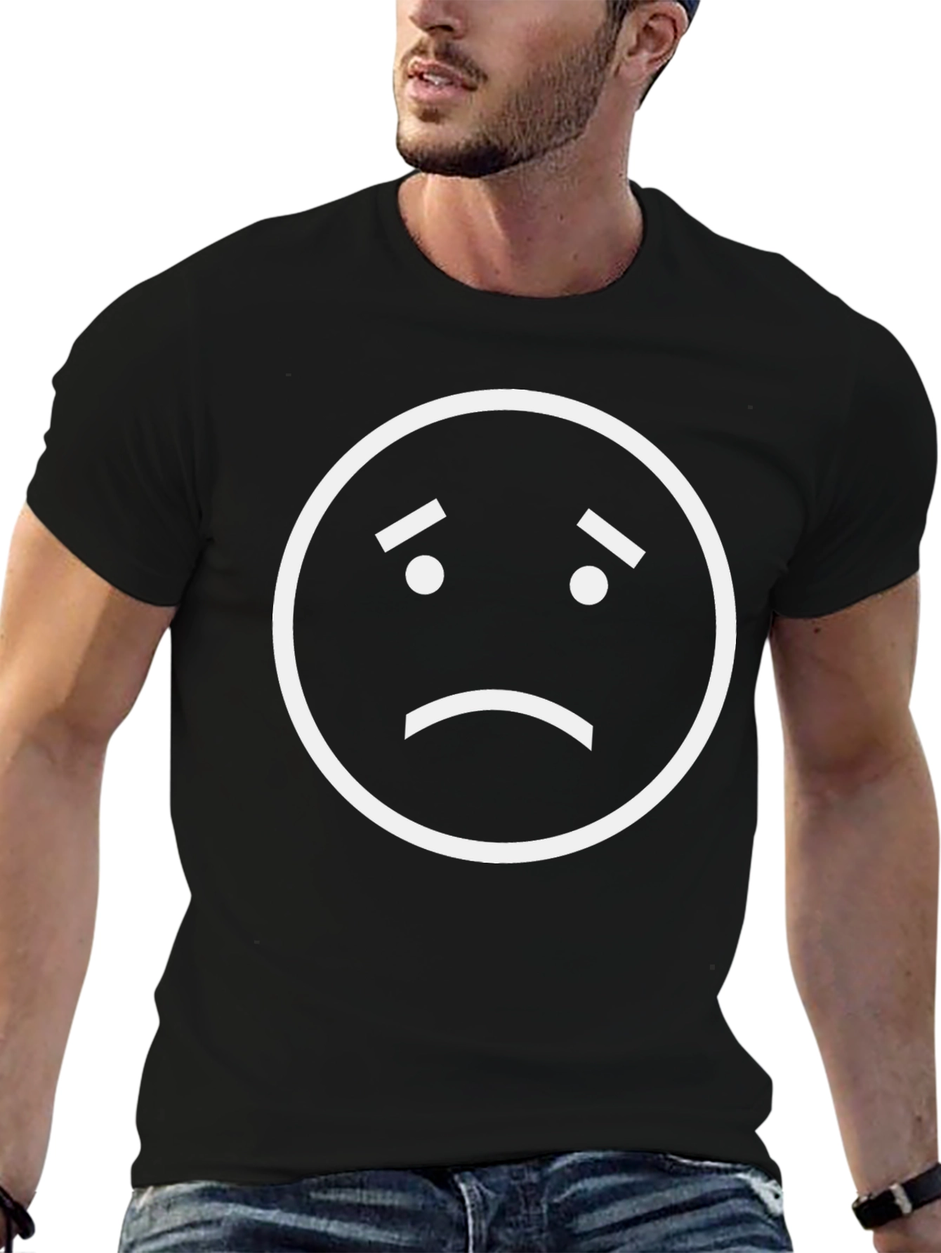 Black Sad Face Emoji Graphic T-Shirt - Black Cotton Tee view 6