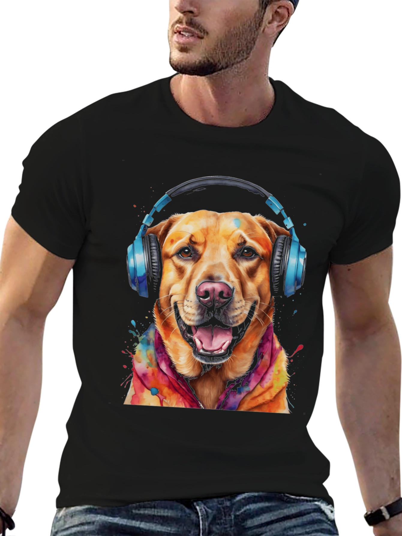 Black Dog with Headphones Graphic Tee view 6