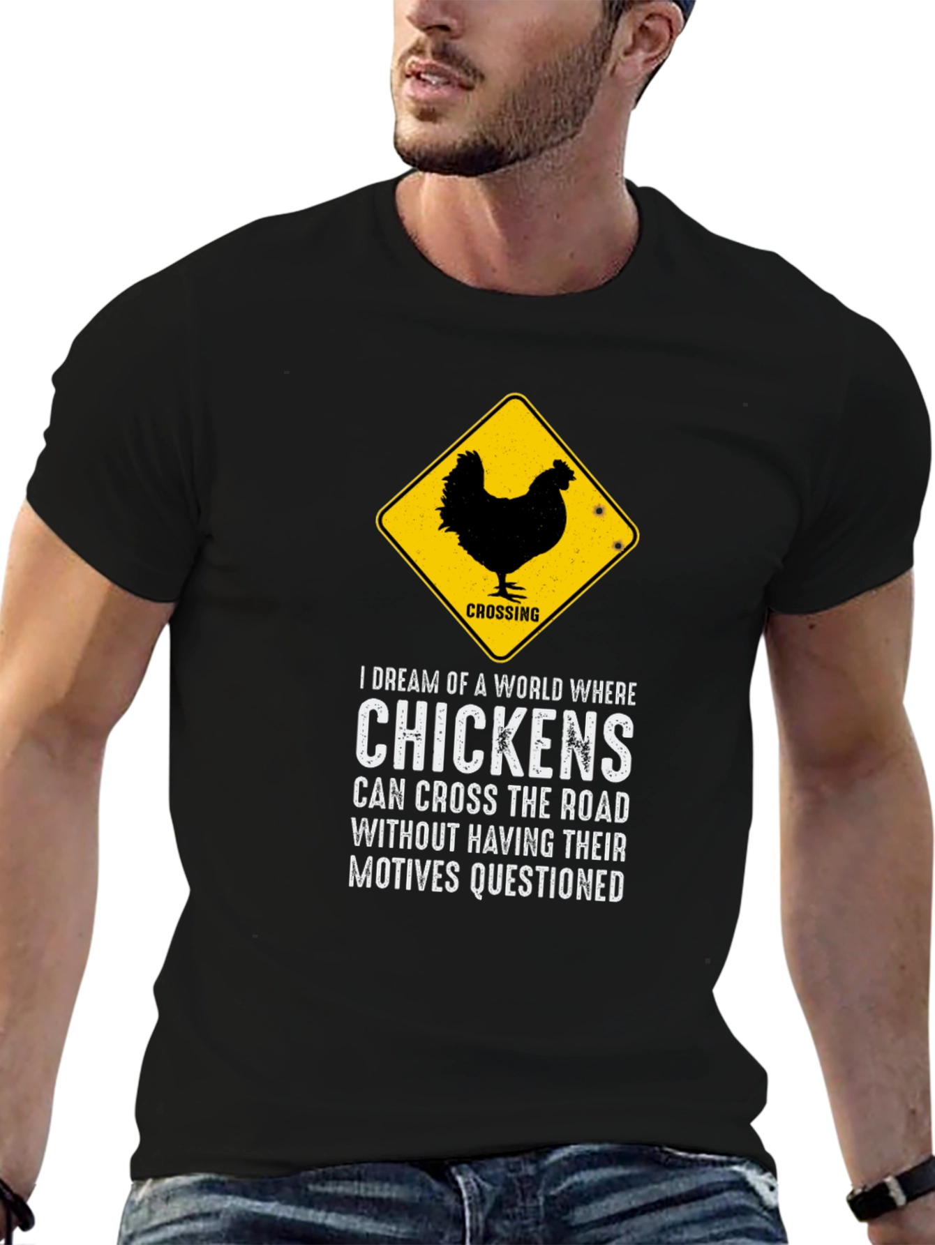 Black Chicken Crossing Graphic Tee - Funny Novelty T-Shirt view 6