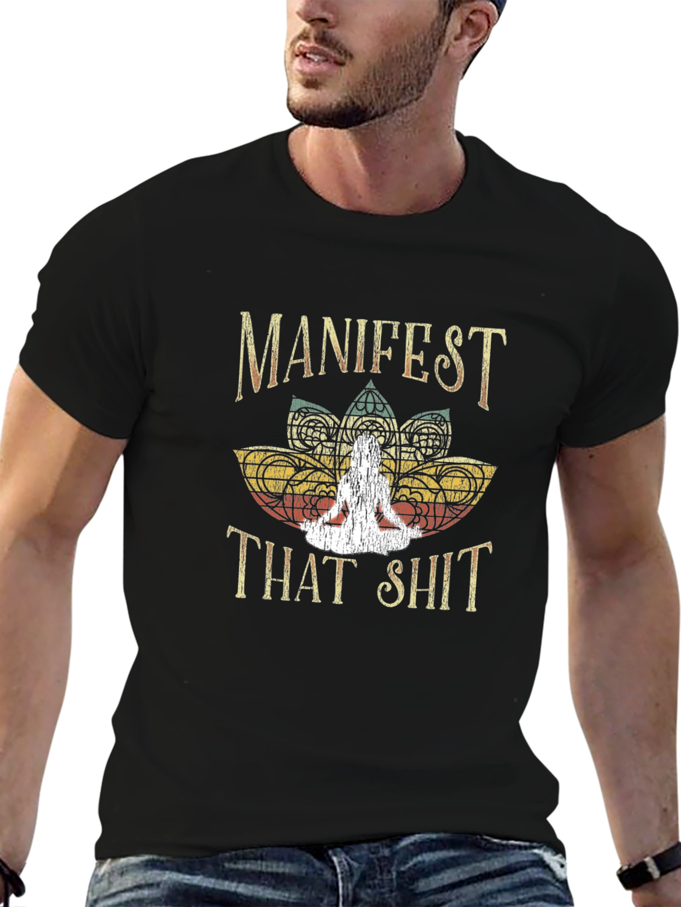 Black Manifest That Shit Graphic Tee - Meditation Design T-Shirt view 6