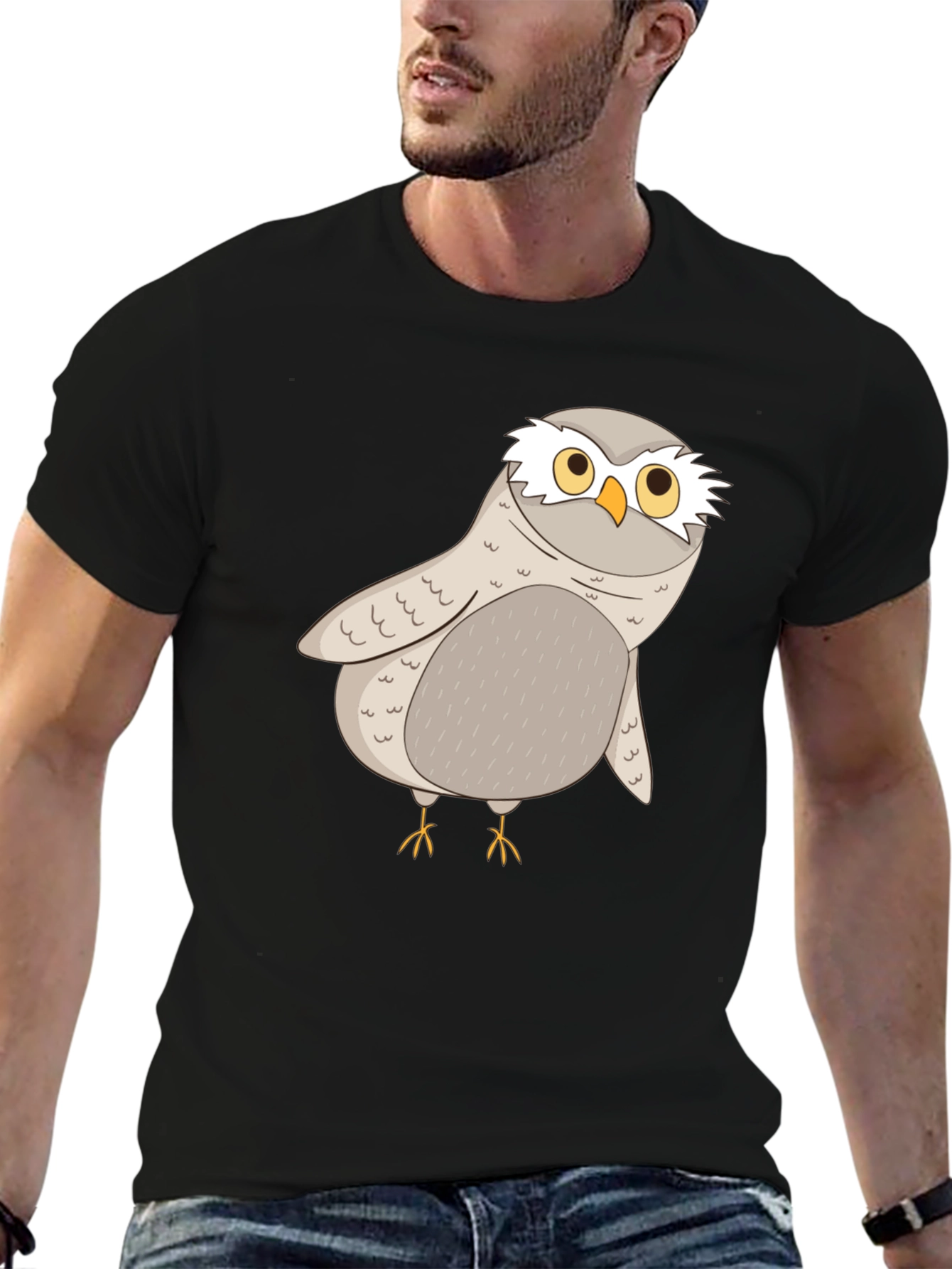 Black Cute Owl Graphic Tee - Black Cotton T-Shirt view 6