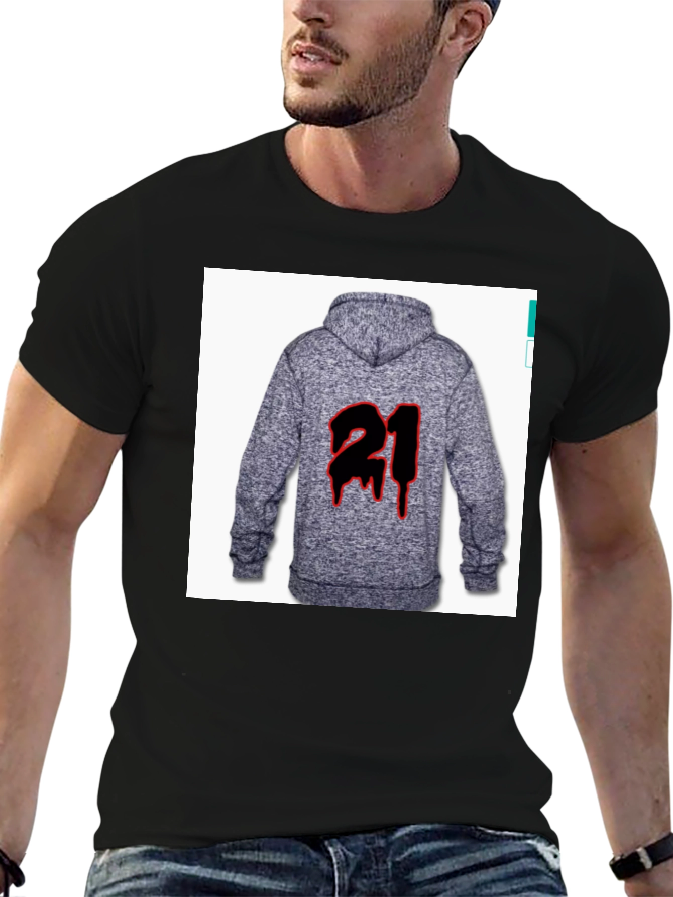 Black T-Shirt with '21' Hoodie Graphic - 6