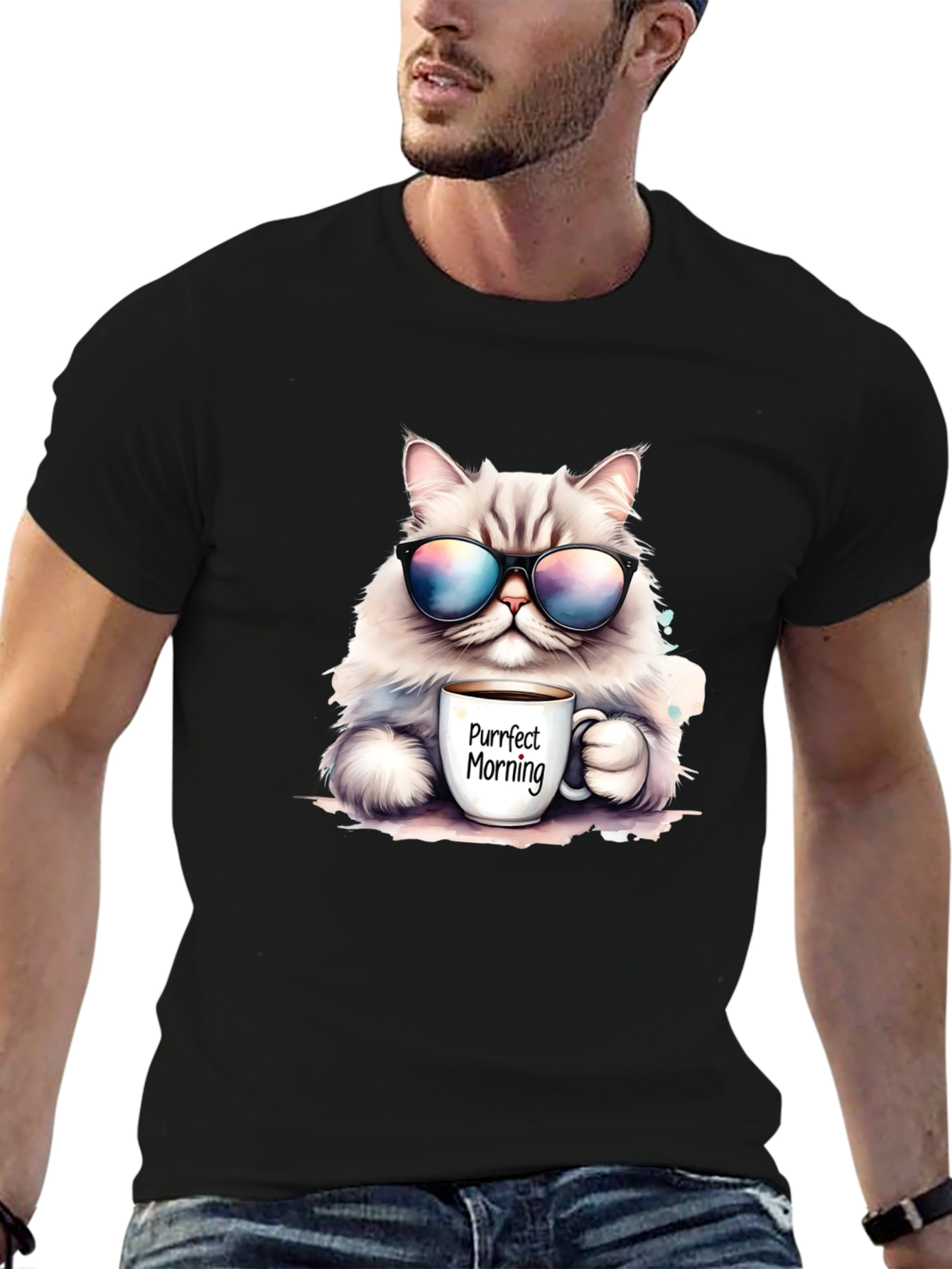 Black Purrfect Morning Cat T-Shirt view 6