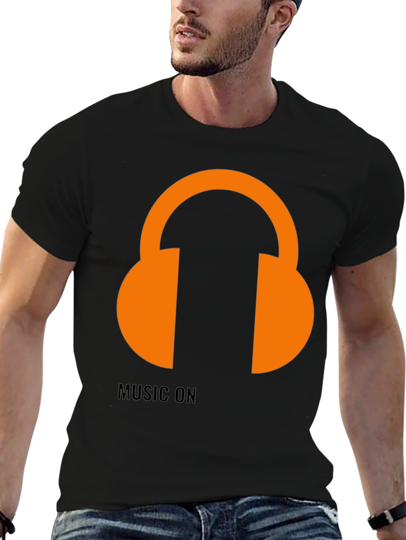 Black Music On T-Shirt: Orange Headphones Graphic Tee view 6