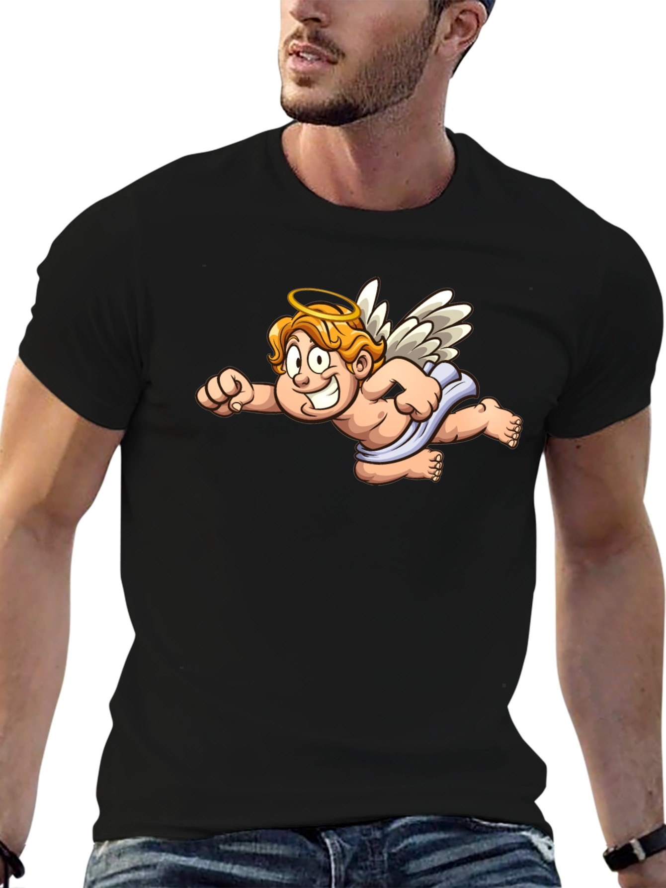 Black Angel Cartoon Graphic Black T-Shirt view 6