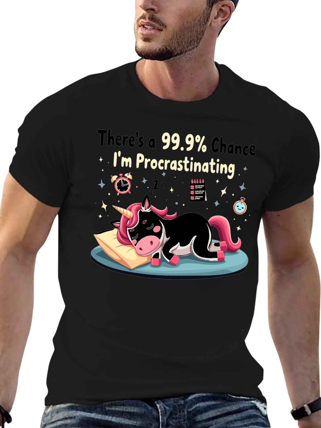 Black Procrastinating Unicorn Graphic Tee view 6
