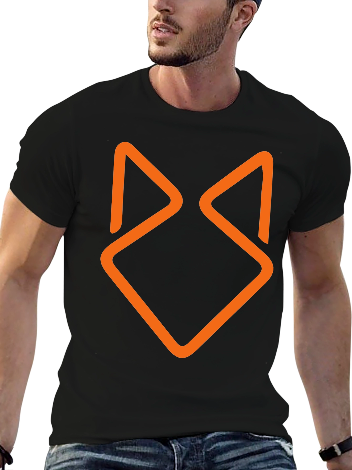 Black Modern Geometric Fox Head Graphic Tee - Black view 6