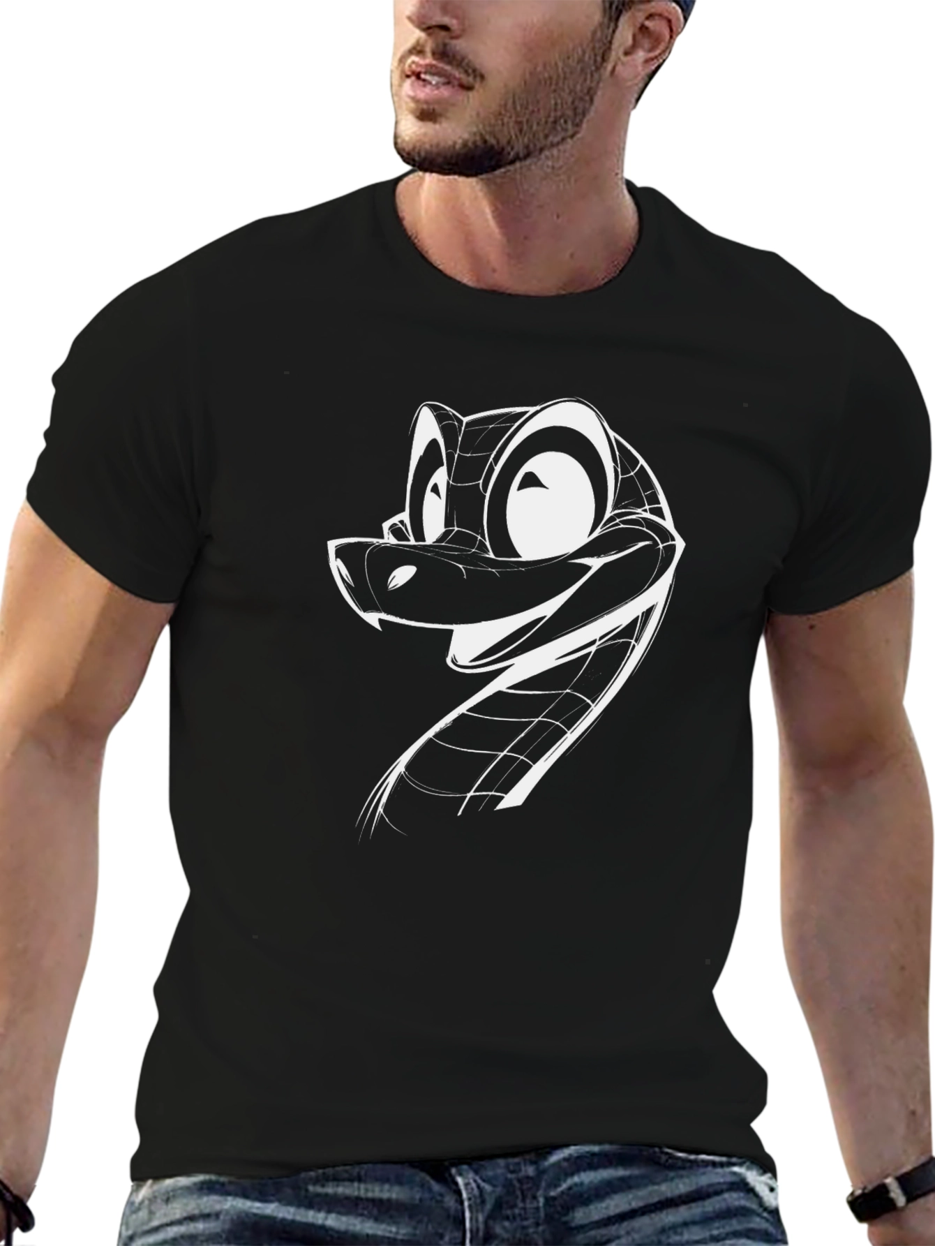 Black Cool Snake Cartoon Graphic Black T-Shirt view 6