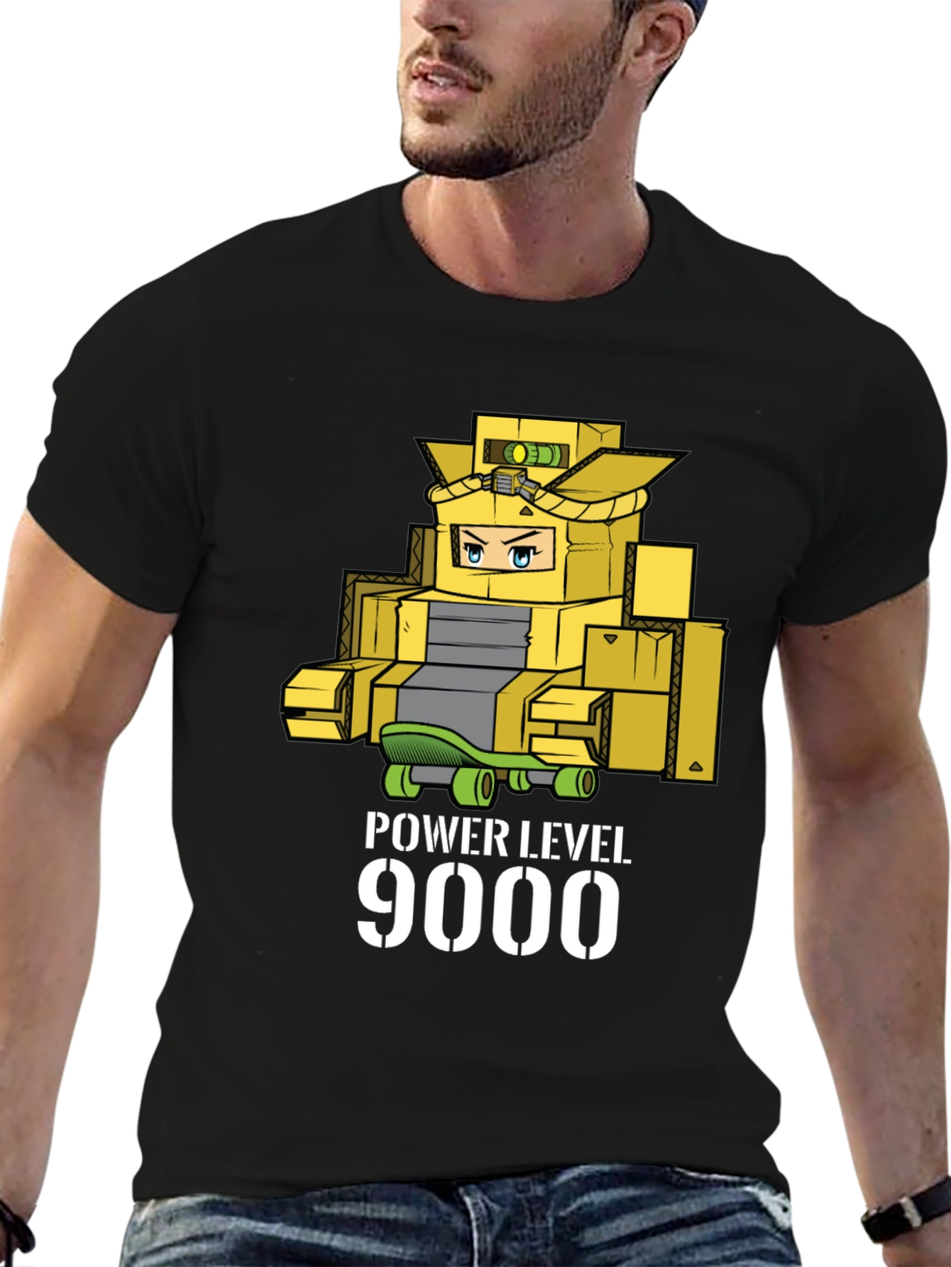 Black Power Level 9000 Cardboard Robot T-Shirt view 6