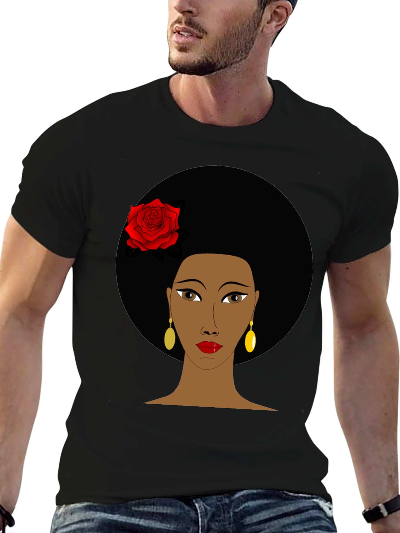 Black Afro Woman Rose Graphic Tee - Stylish Black T-Shirt view 6