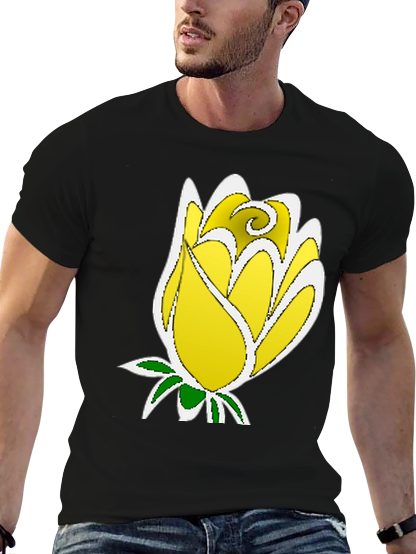 Black Yellow Rose Graphic Tee - Stylish Men's Black T-Shirt view 6