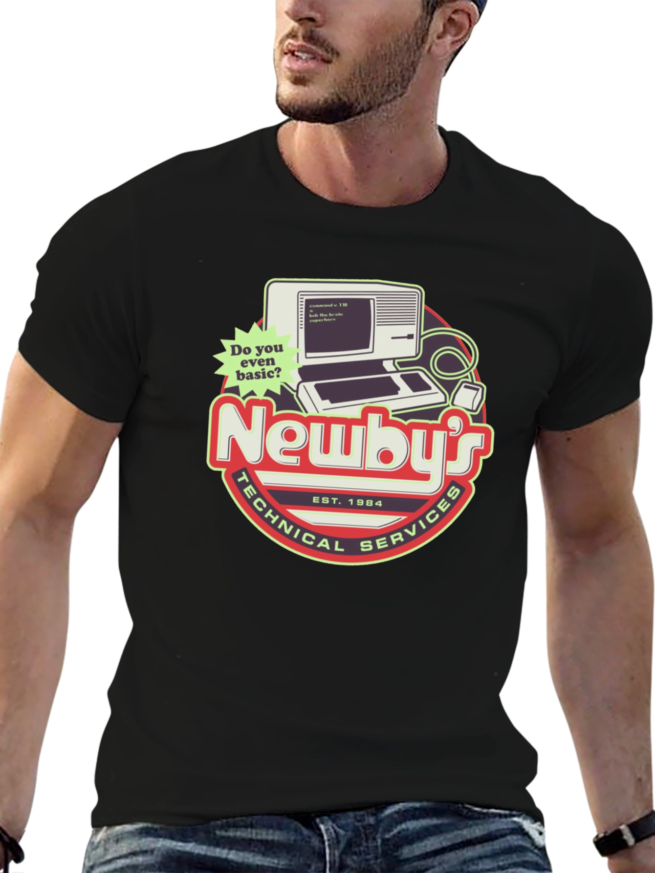 Black Newby's Technical Services Retro Computer Graphic T-Shirt view 6