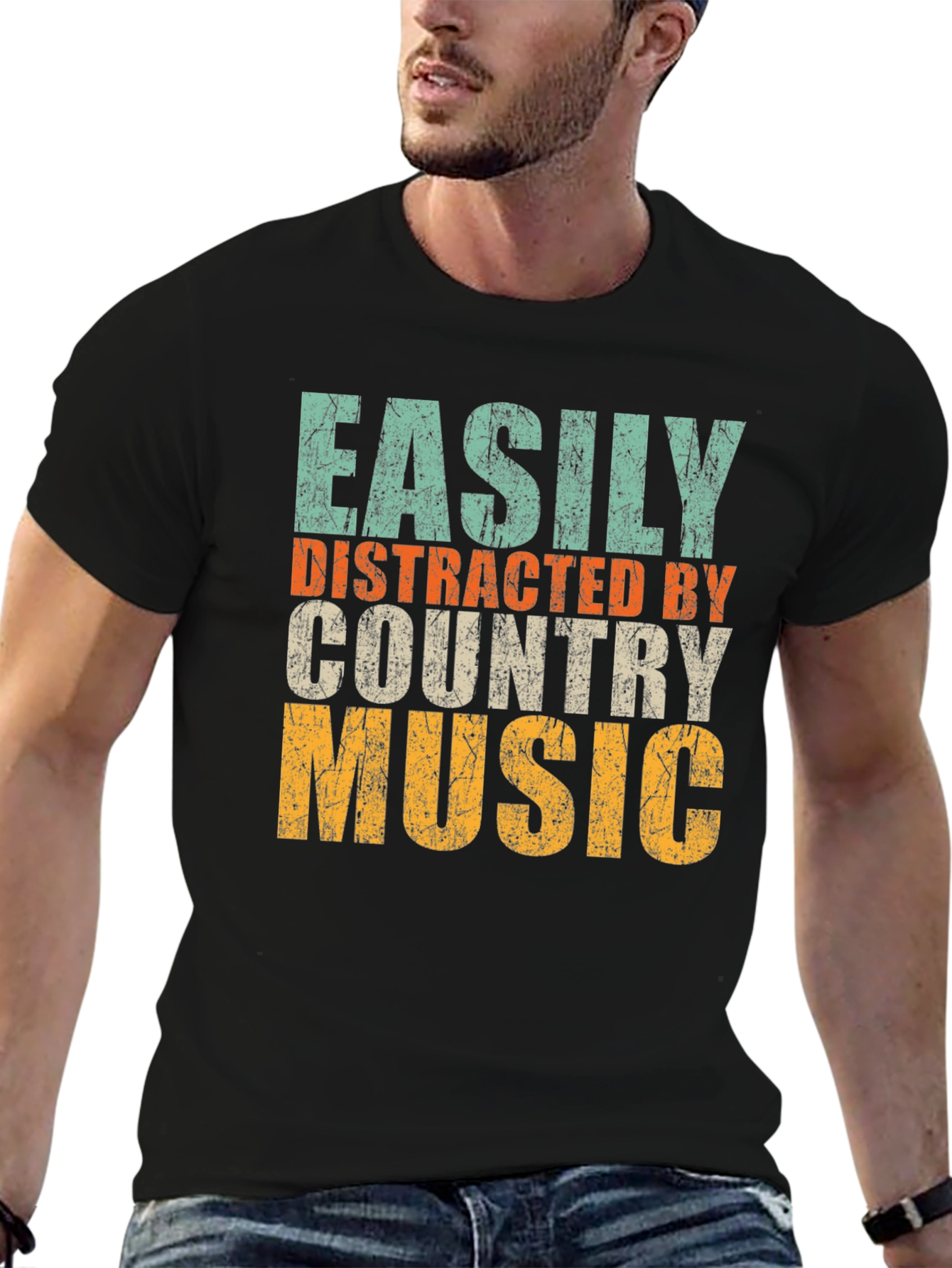 Black Easily Distracted By Country Music T-Shirt view 6