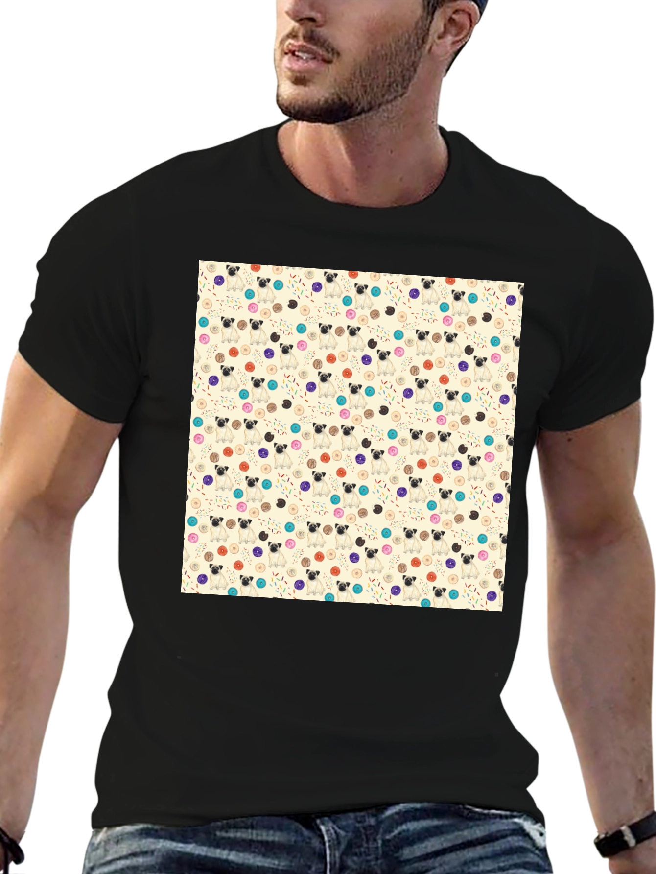 Black Pug & Donut Pattern Tee - Trendy Graphic T-Shirt view 6