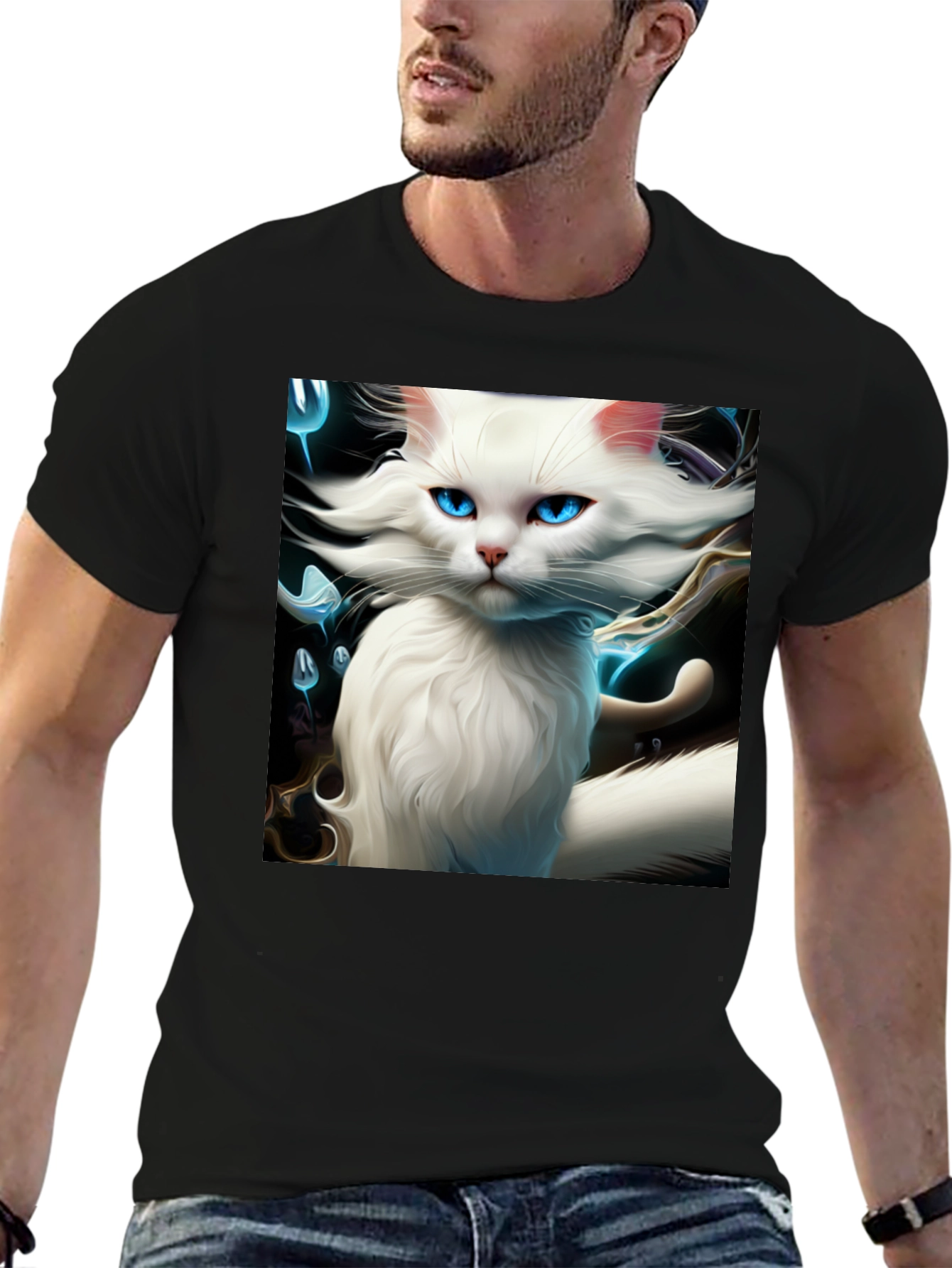 Black Cat Art Graphic Tee - Black Cotton Blend view 6