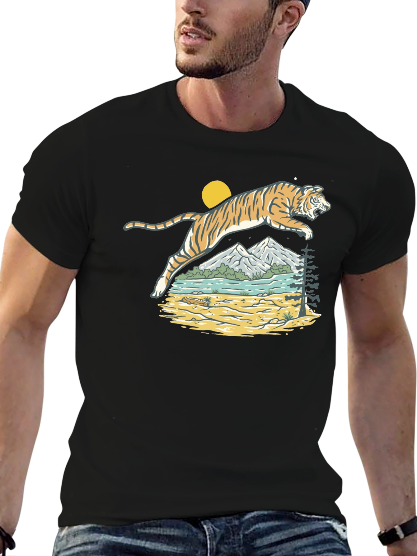 Black Tiger Landscape Graphic Black T-Shirt view 6