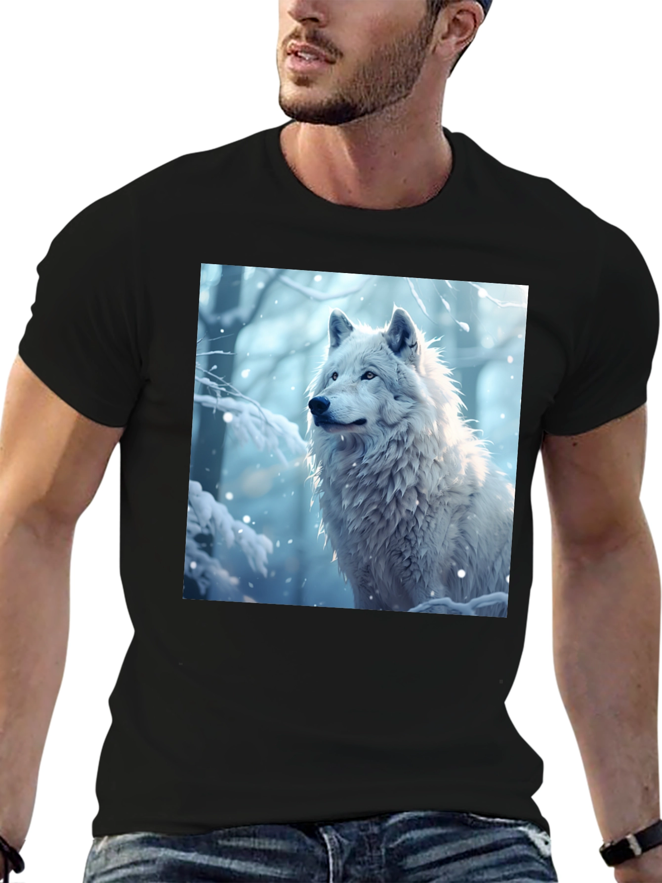 Black Wolf Graphic Tee - Winter Scene Black T-Shirt view 6