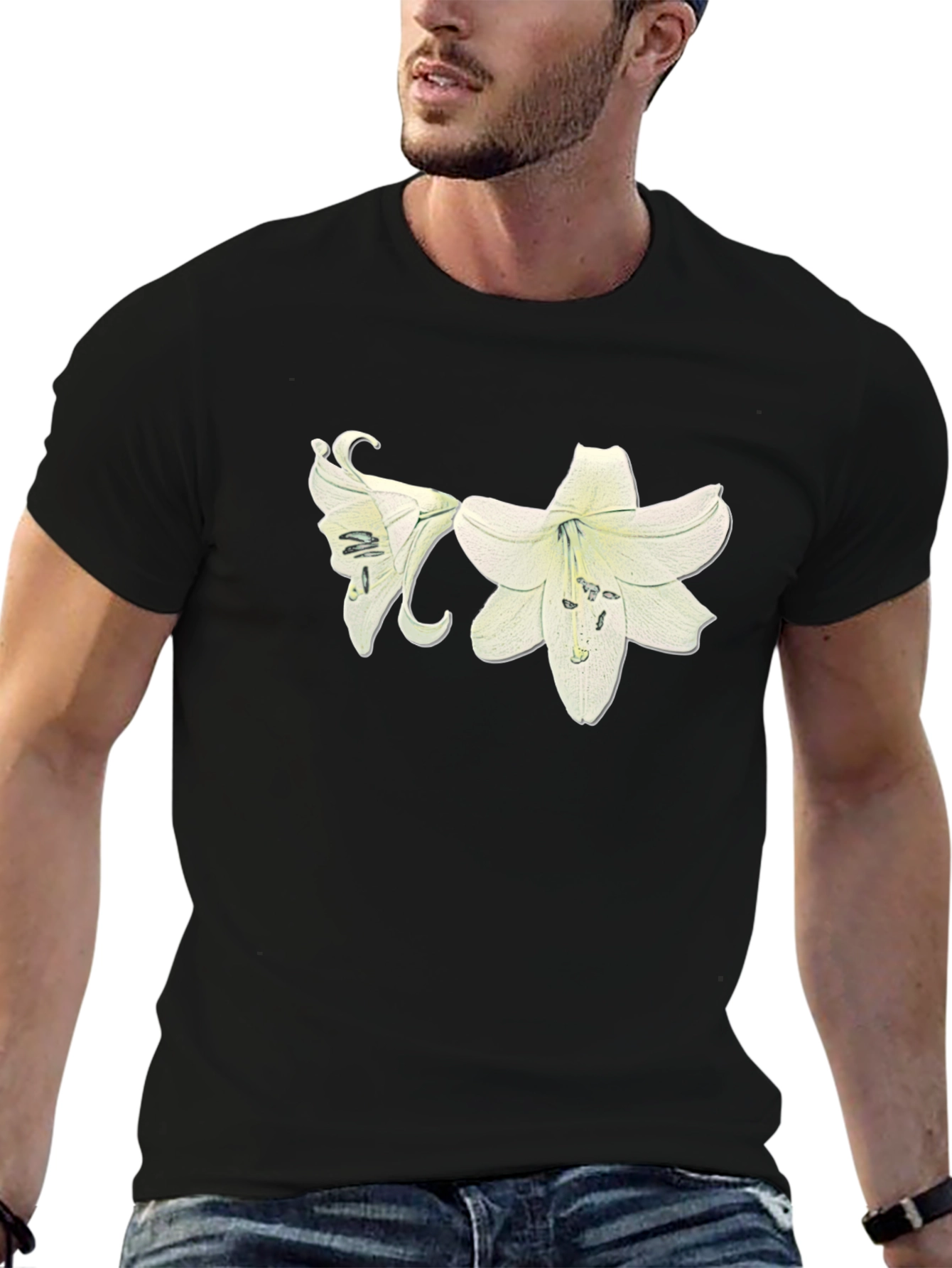 Black Lily Flower Graphic Black T-Shirt view 6