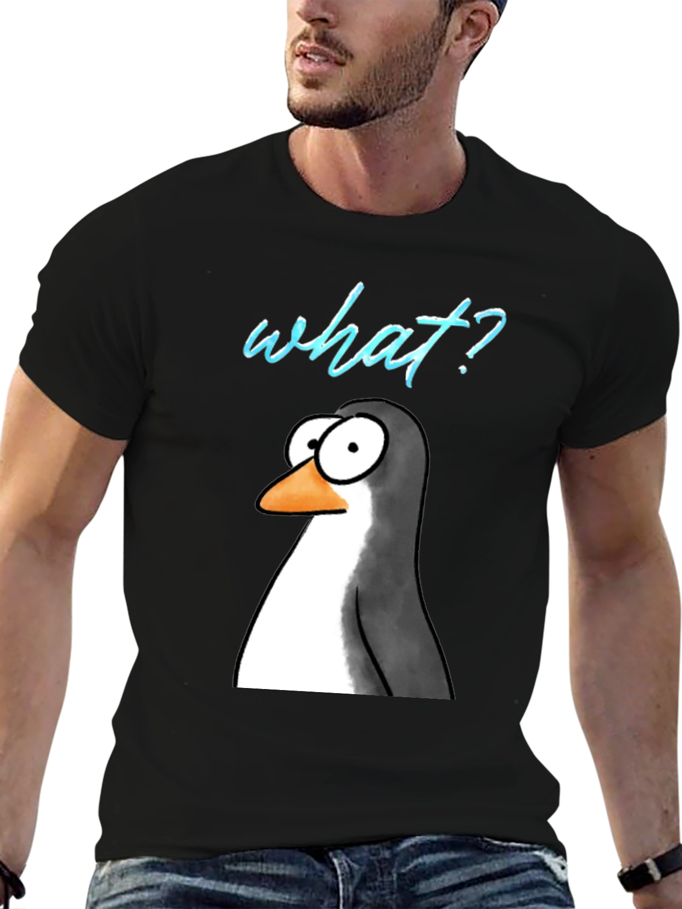 Black Funny Penguin What? Graphic T-Shirt view 6