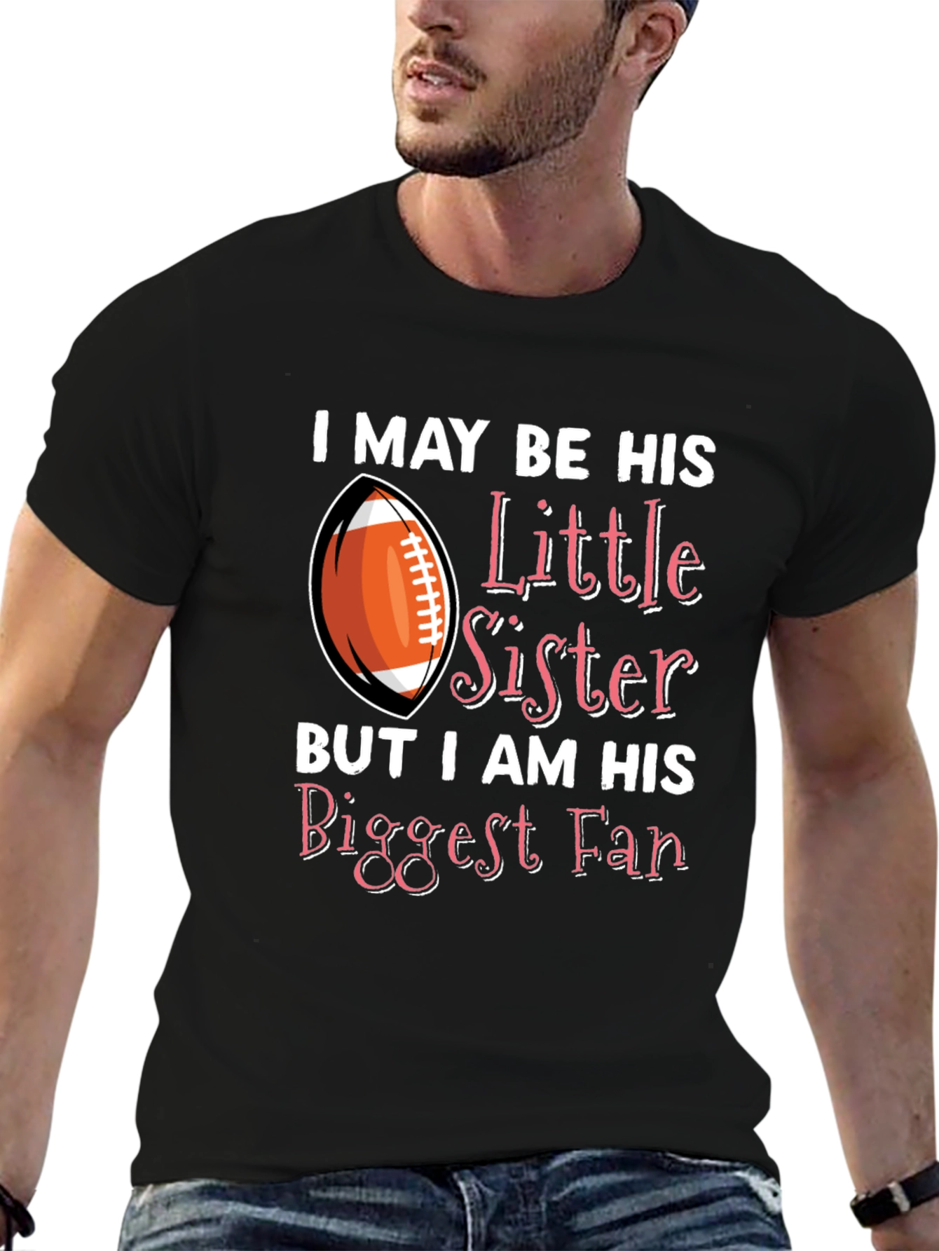Black Little Sister Biggest Fan Football T-Shirt view 6