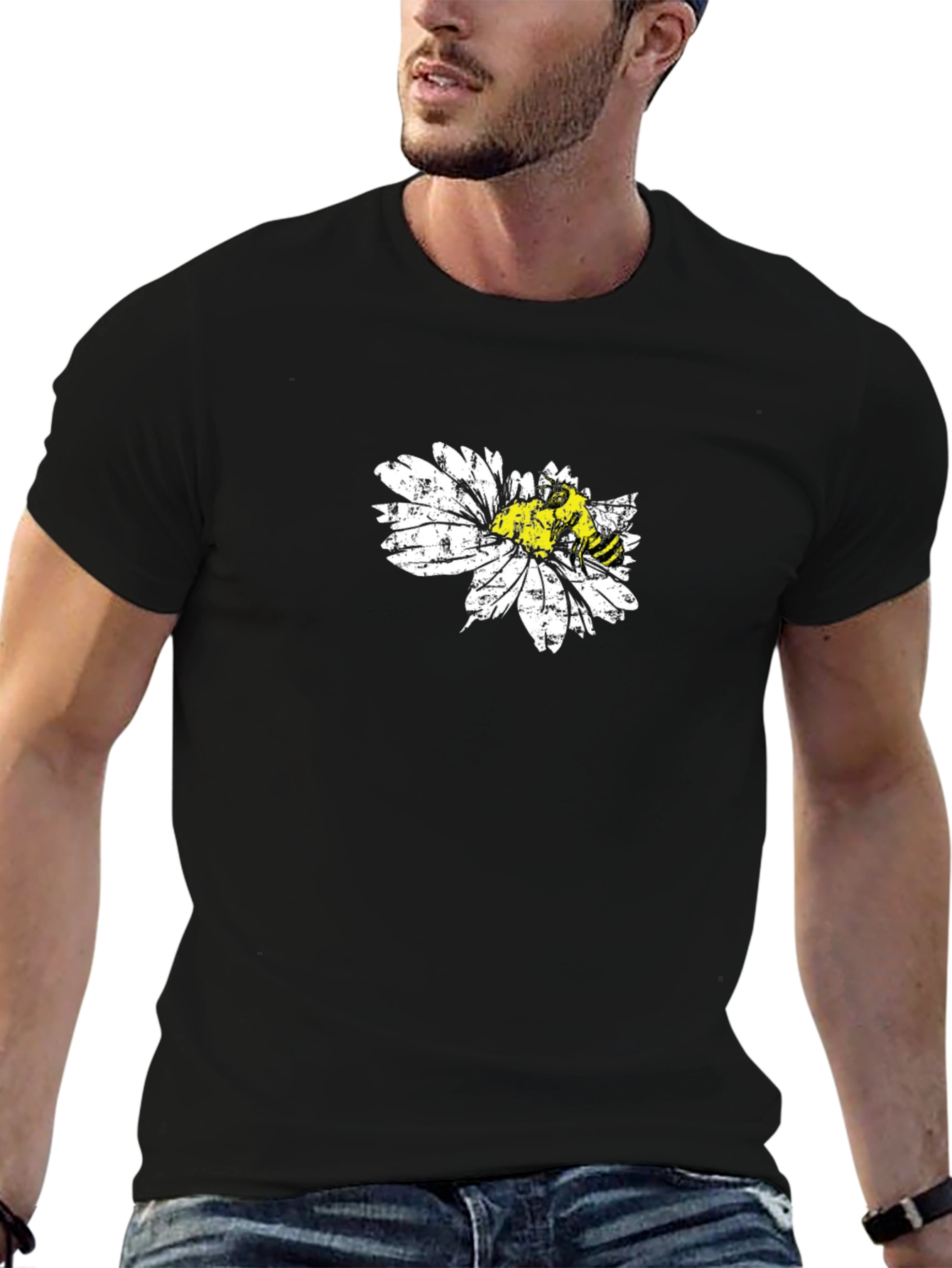 Black Bee on Daisy Black T-Shirt Graphic Tee view 6