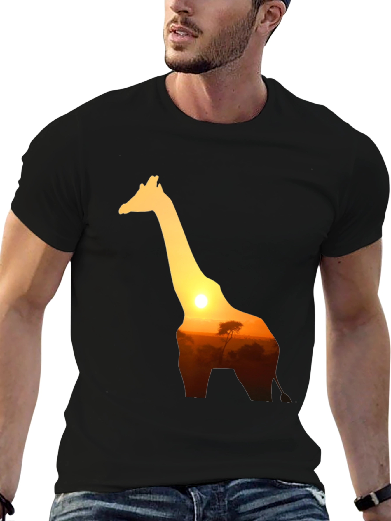 Black Giraffe Sunset Graphic Tee - Black Cotton T-Shirt view 6