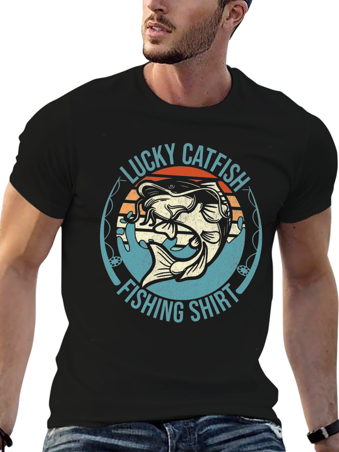 Black Lucky Catfish Fishing Shirt - Black Graphic Tee view 6