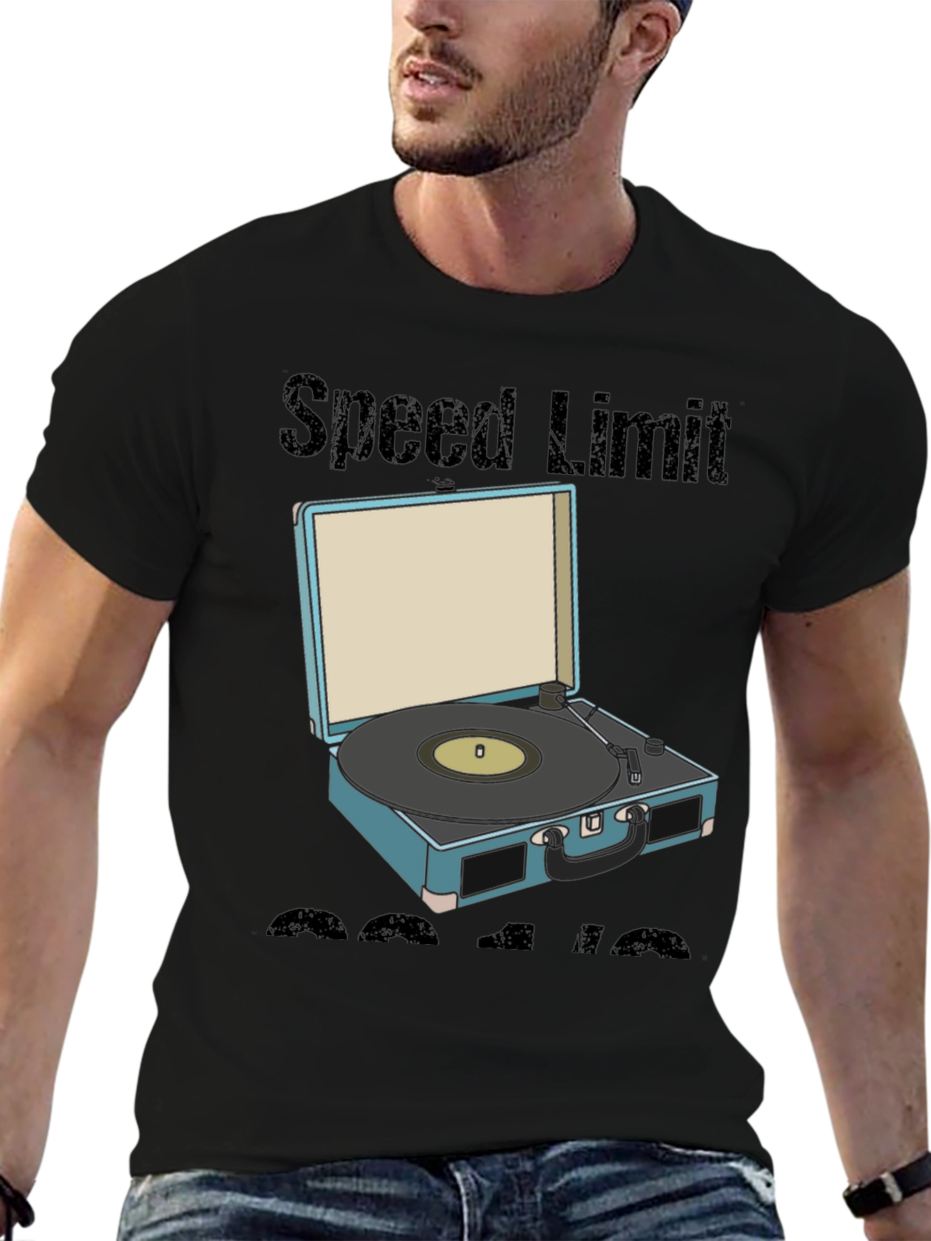 Black Retro Speed Limit Vinyl Record Player T-Shirt view 6