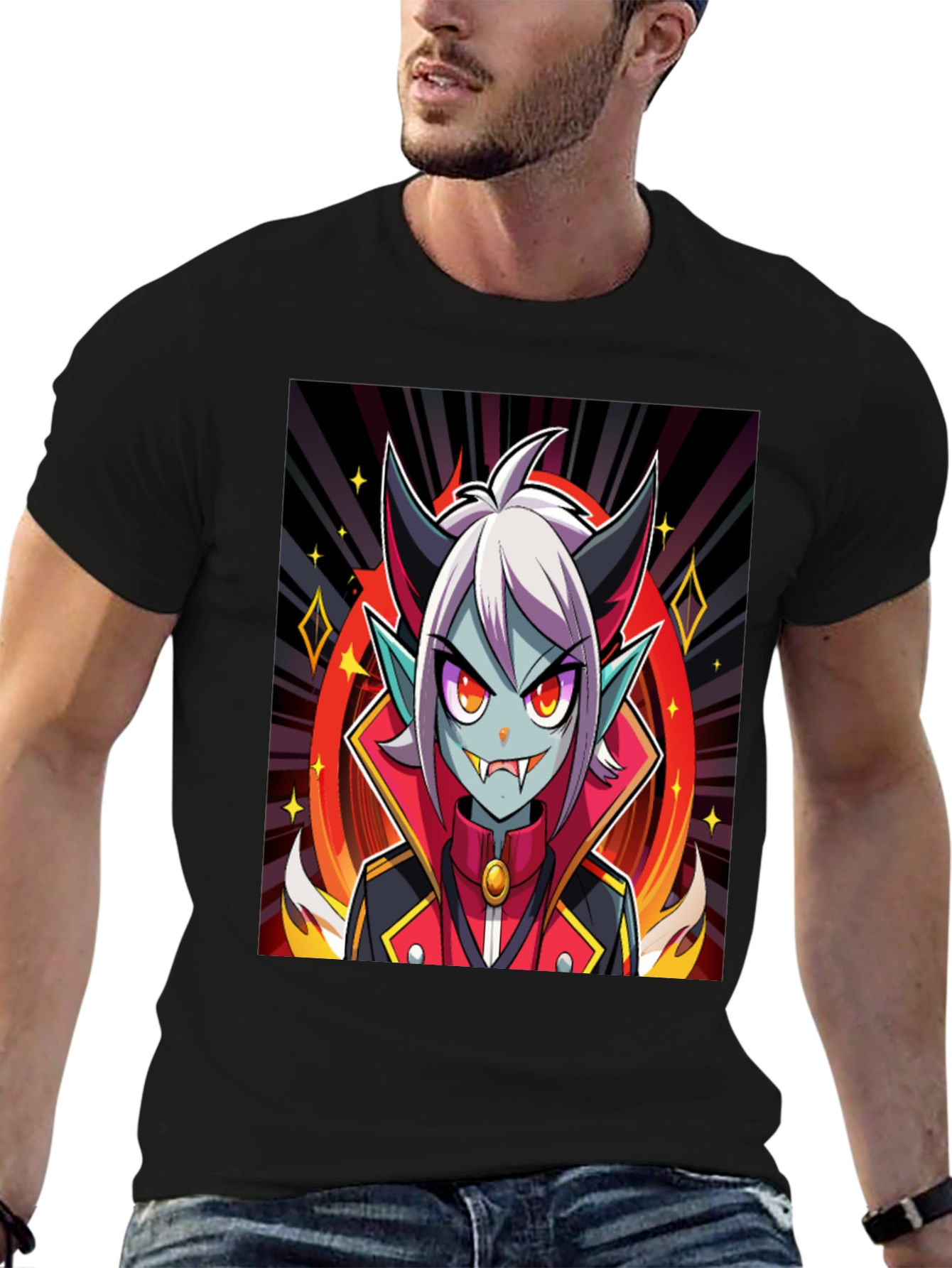 Black Anime Vampire Graphic Tee - Black Cotton Shirt view 6