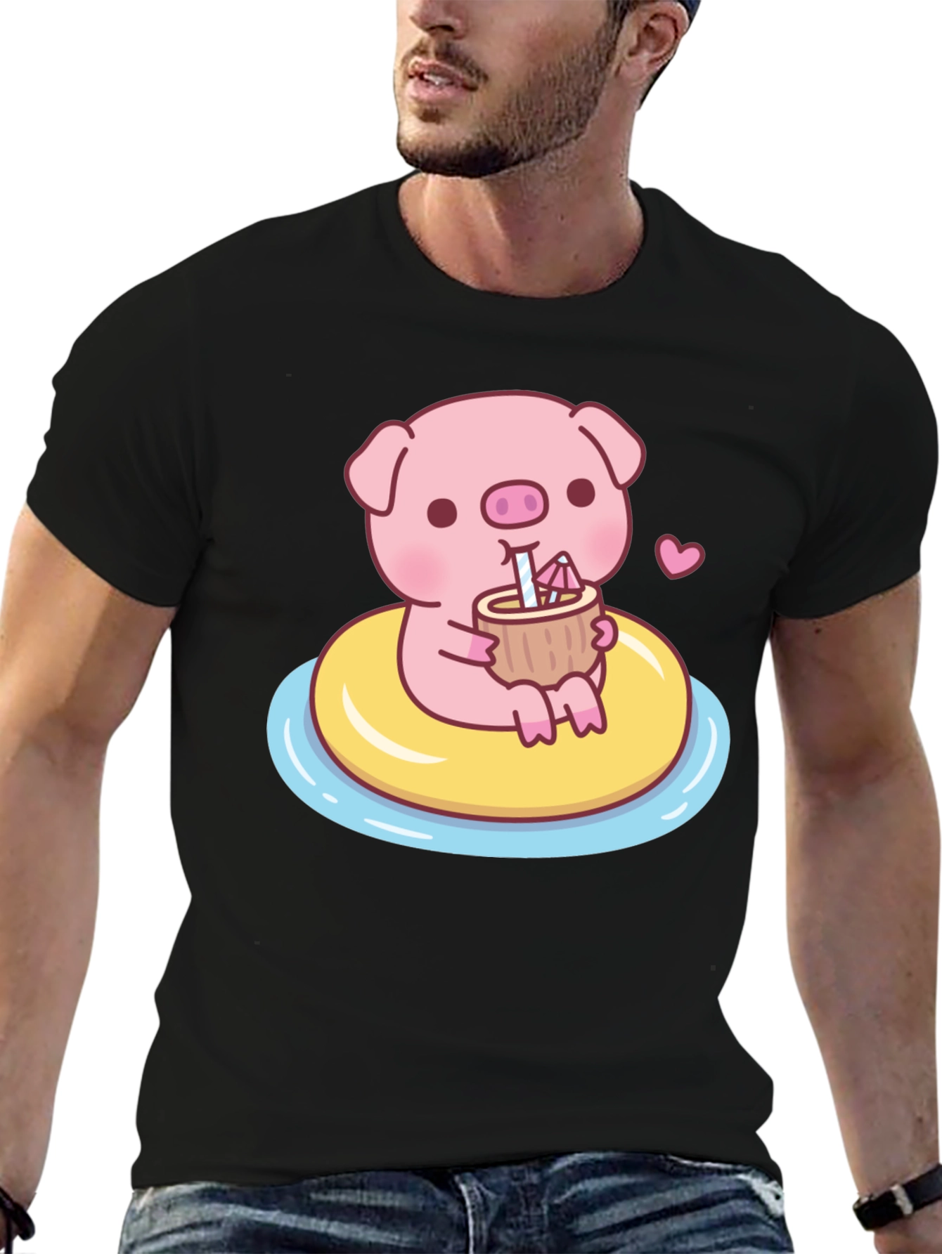 Black Cute Pig T-Shirt - Summer Float Fun view 6