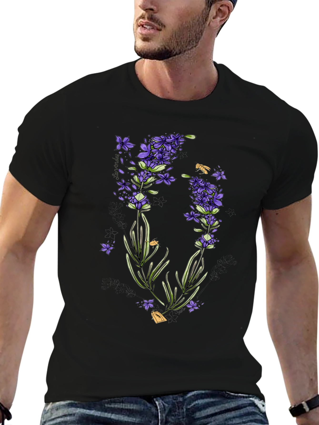 Black Lavender Print Black T-Shirt - Stylish & Unique view 6