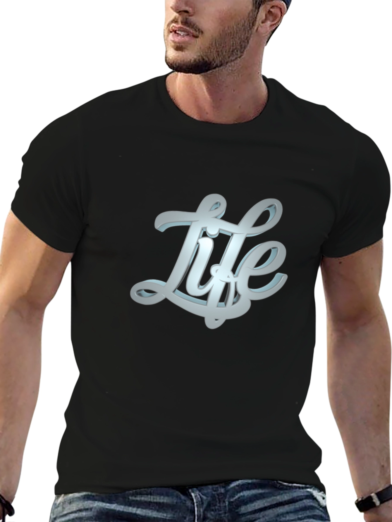 Black Stylish "Life" Graphic Print Black T-Shirt view 6
