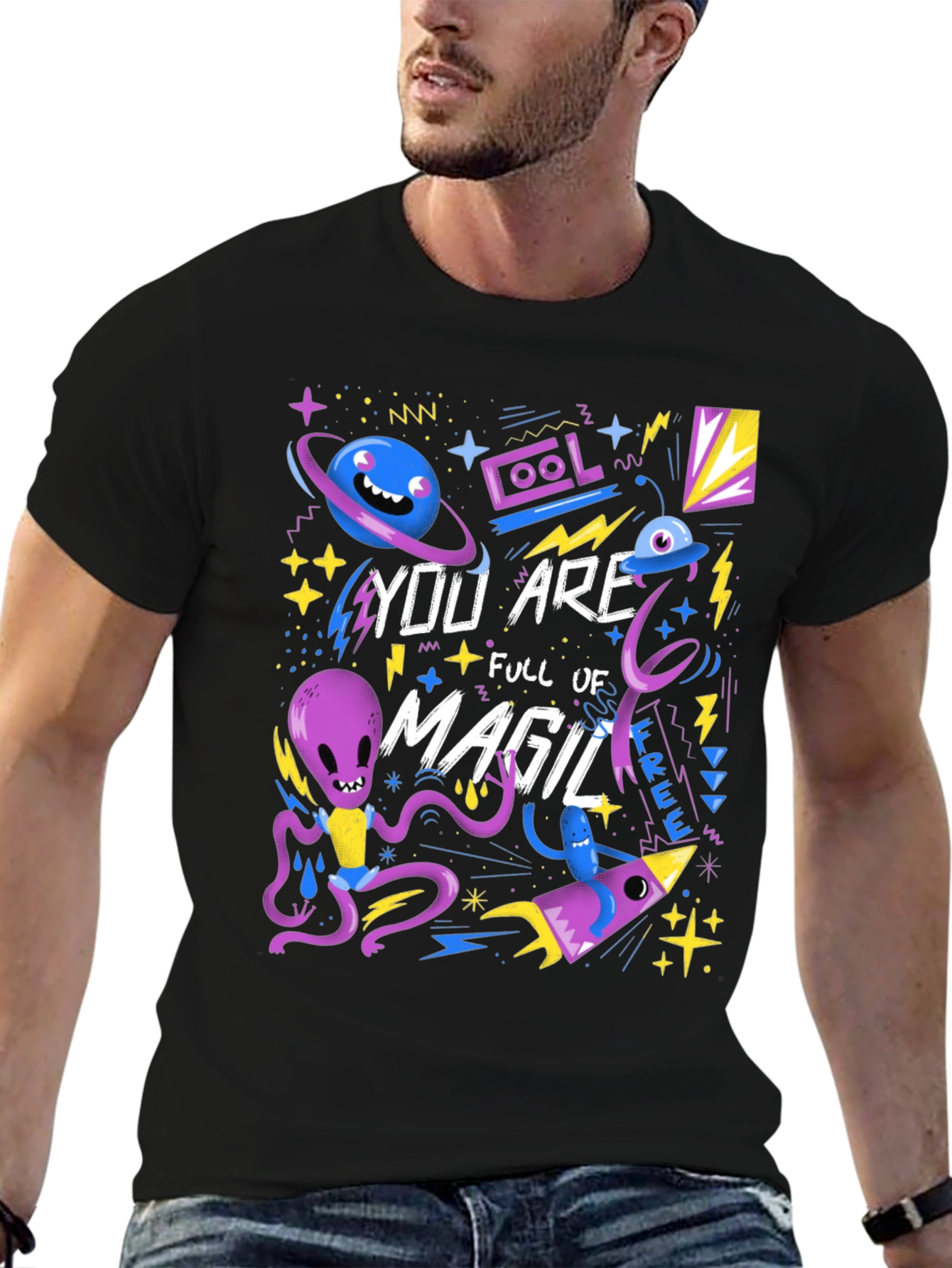 Black Space Magic Graphic T-Shirt - Cool Alien Design view 6