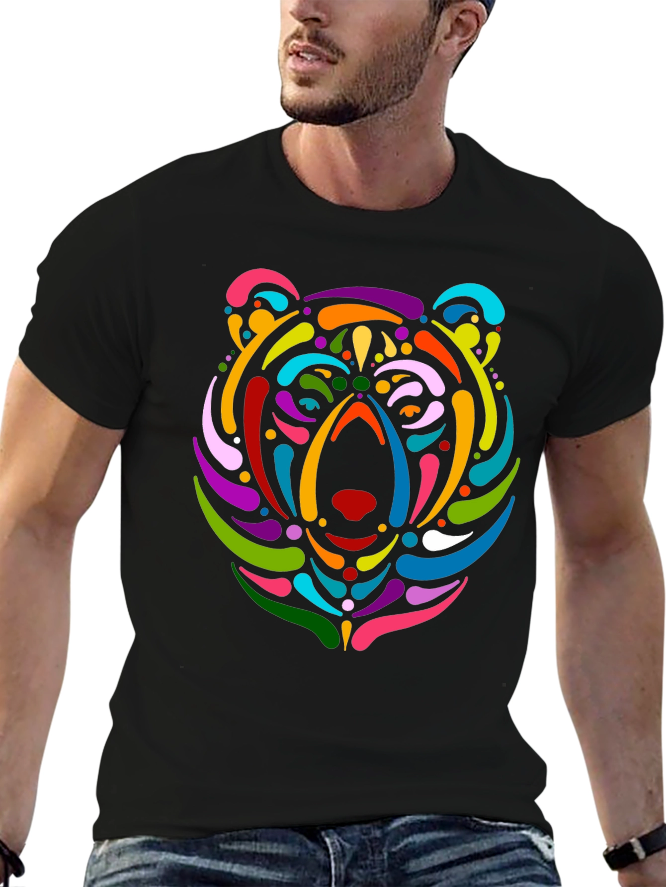 Black Colorful Bear Graphic Black T-Shirt view 6