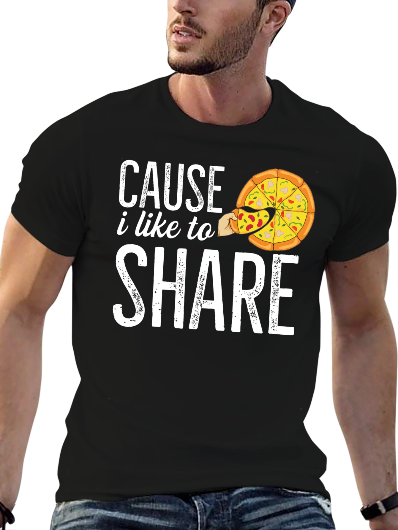 Black Cause I Like to Share Pizza Graphic T-Shirt view 6