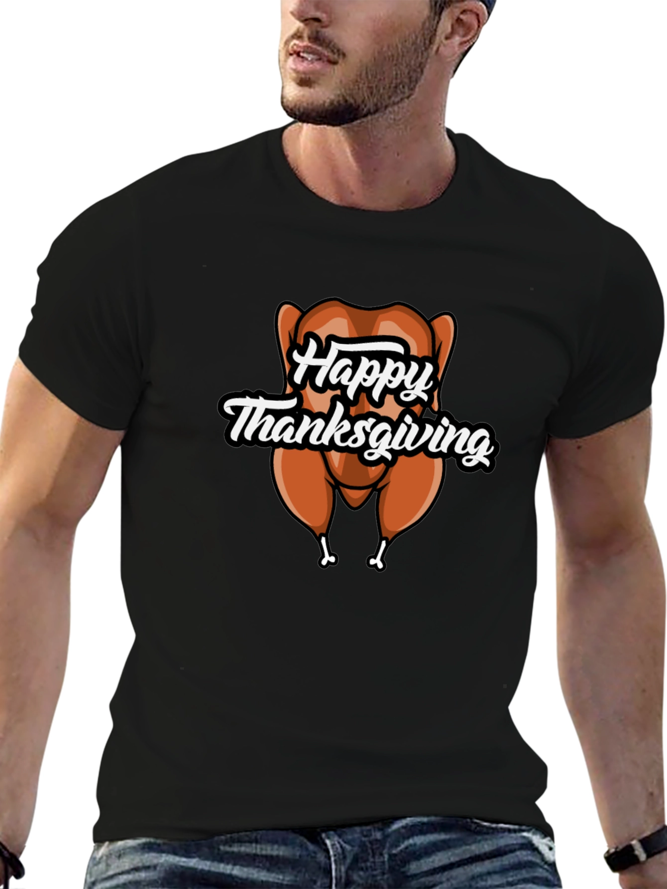 Black Happy Thanksgiving Turkey Graphic T-Shirt view 6