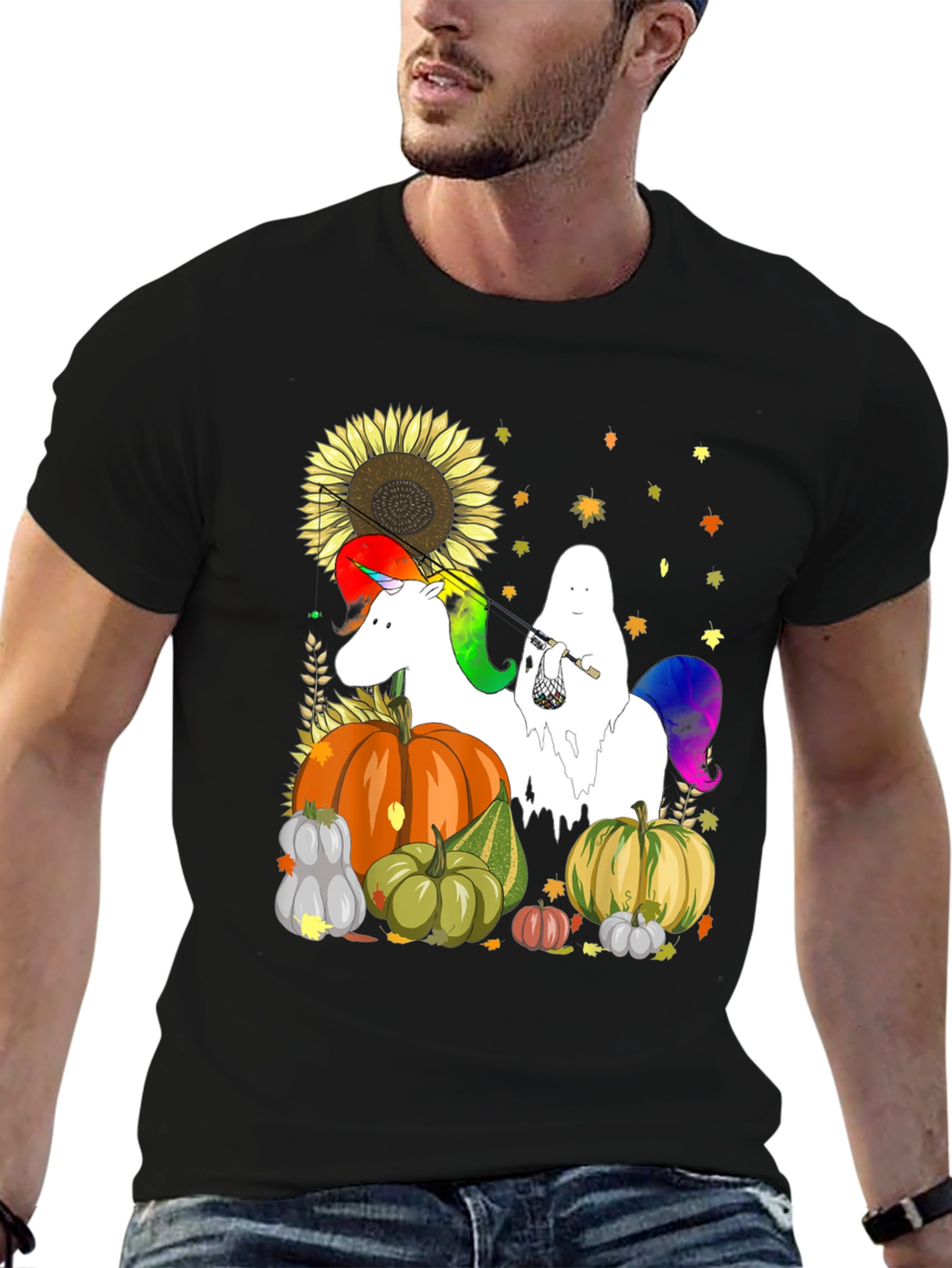 Black Unicorn Ghost Pumpkin Fall T-Shirt view 6