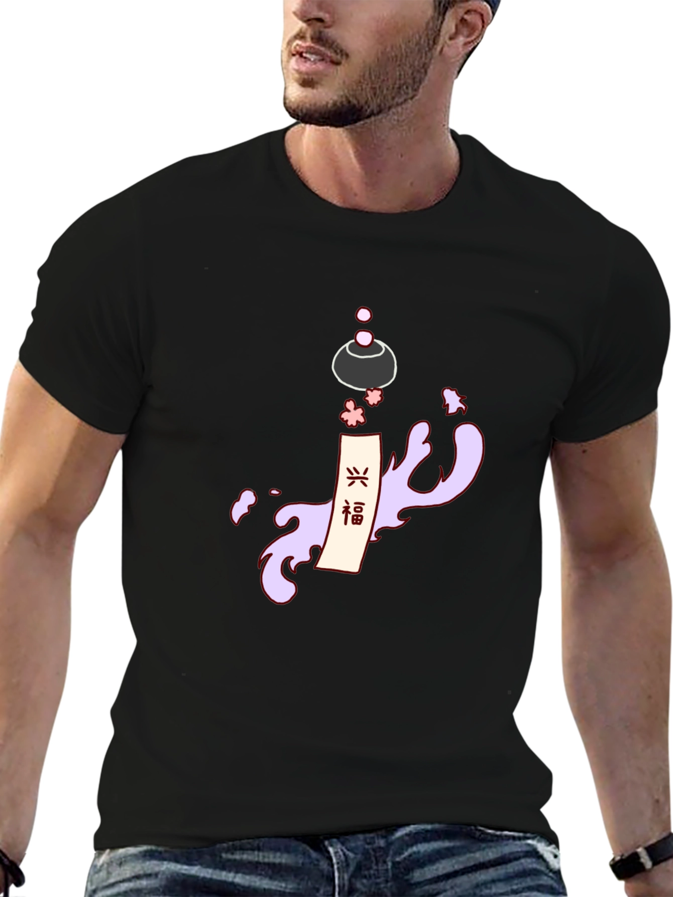 Black Men's Black T-Shirt with Japanese-Inspired Graphic view 6