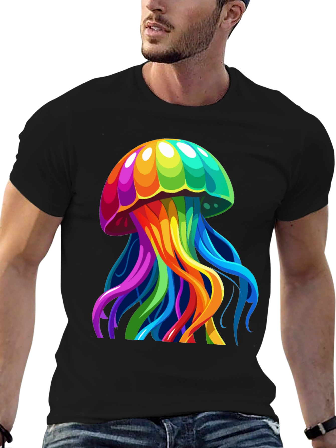 Black Rainbow Jellyfish Graphic Tee - Unique Black T-Shirt view 6