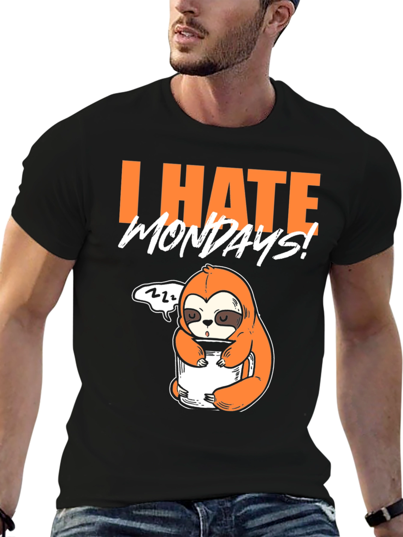 Black I Hate Mondays Sloth T-Shirt - Funny Graphic Tee view 6