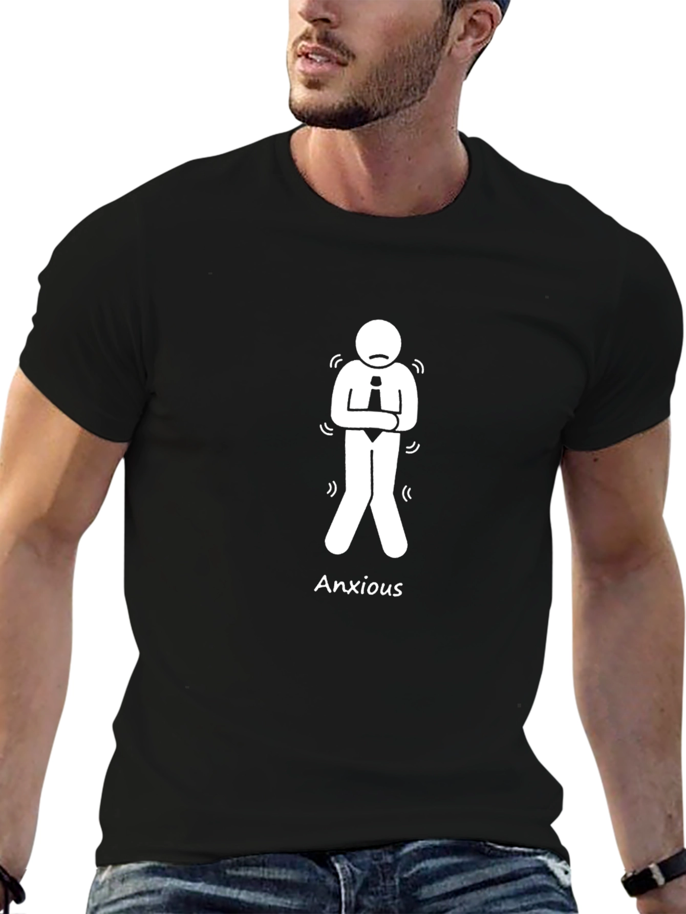 Black Anxious Man Graphic Tee - Black Cotton T-Shirt view 6