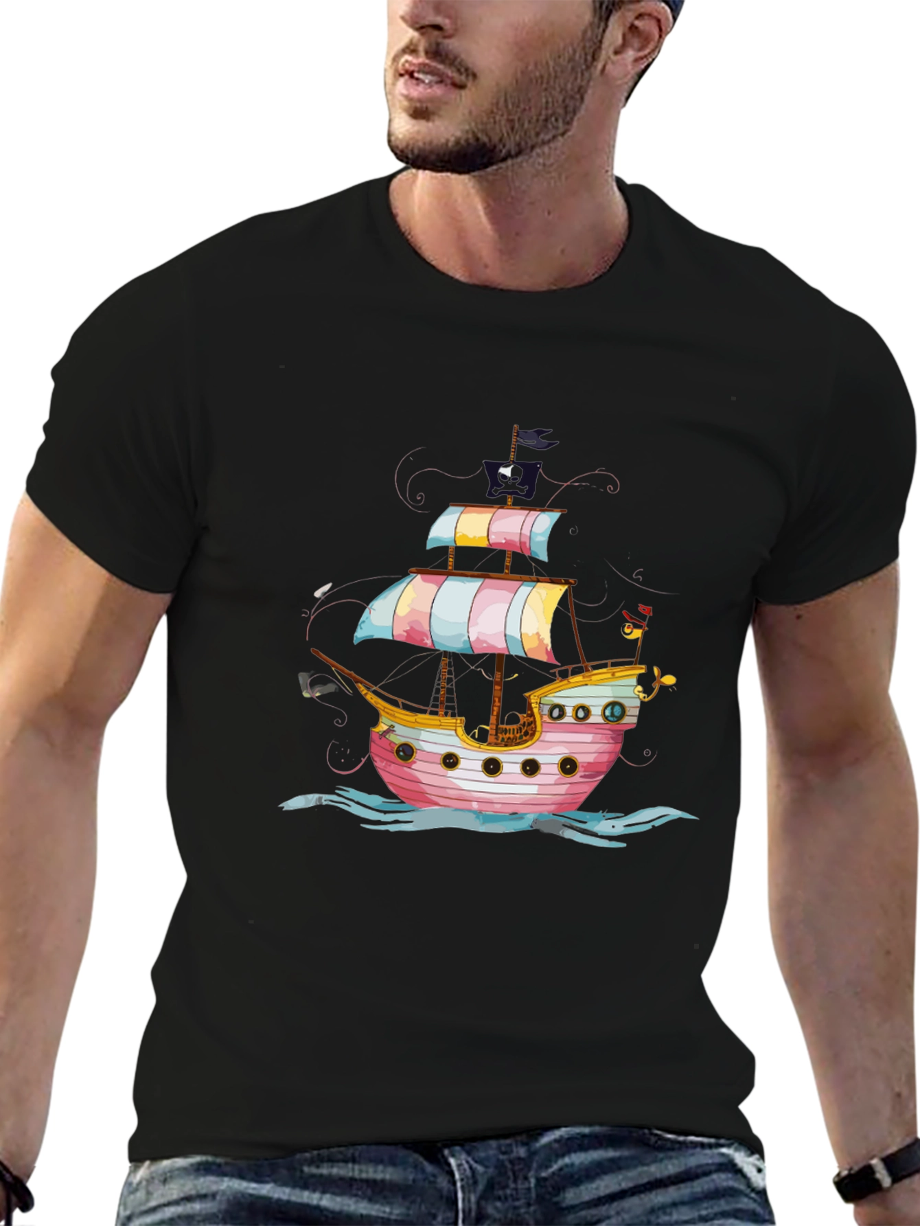 Black Pirate Ship Graphic Tee - Black Cotton T-Shirt view 6