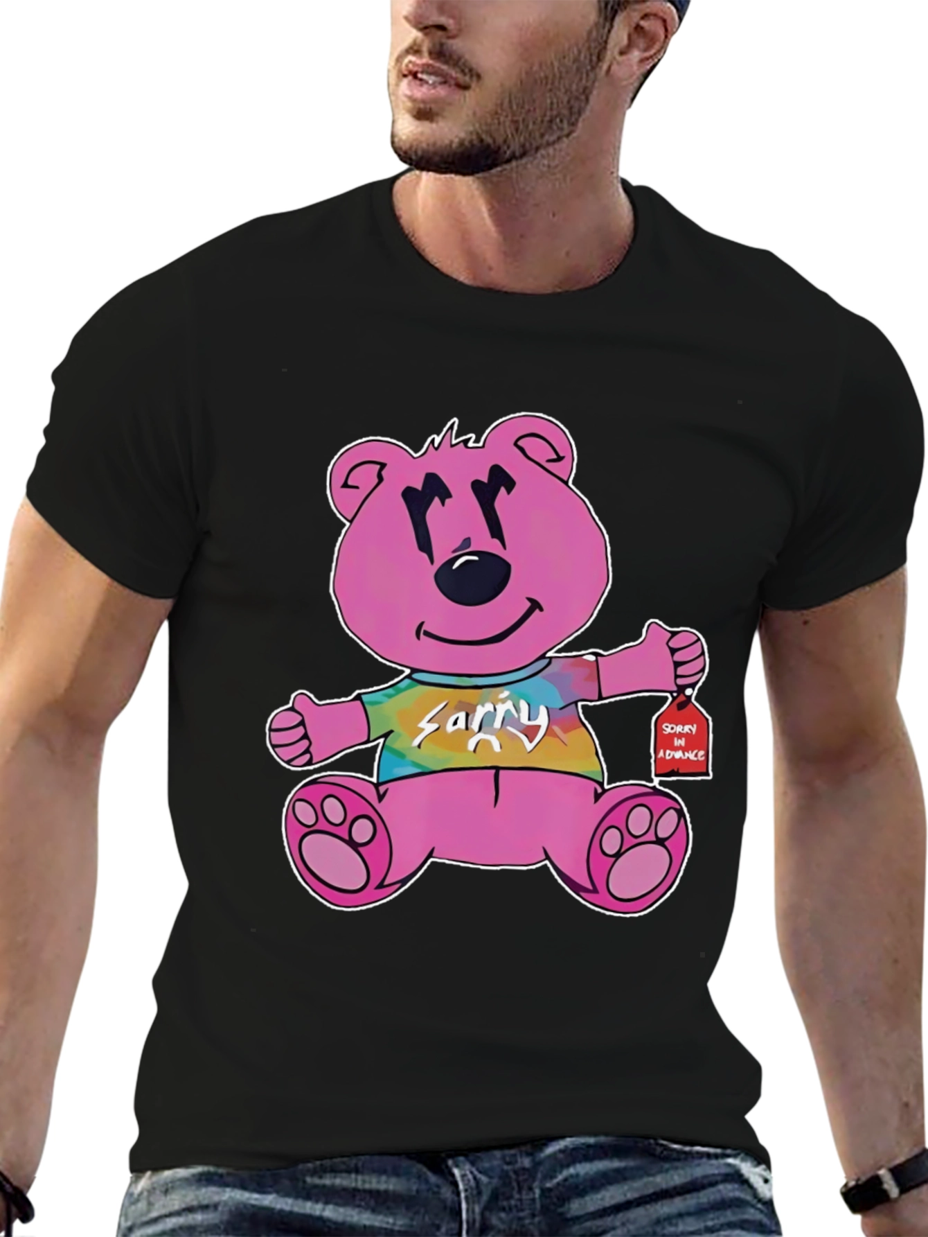 Black Novelty Graphic Tee: Pink Bear 'Sorry in Advance' view 6