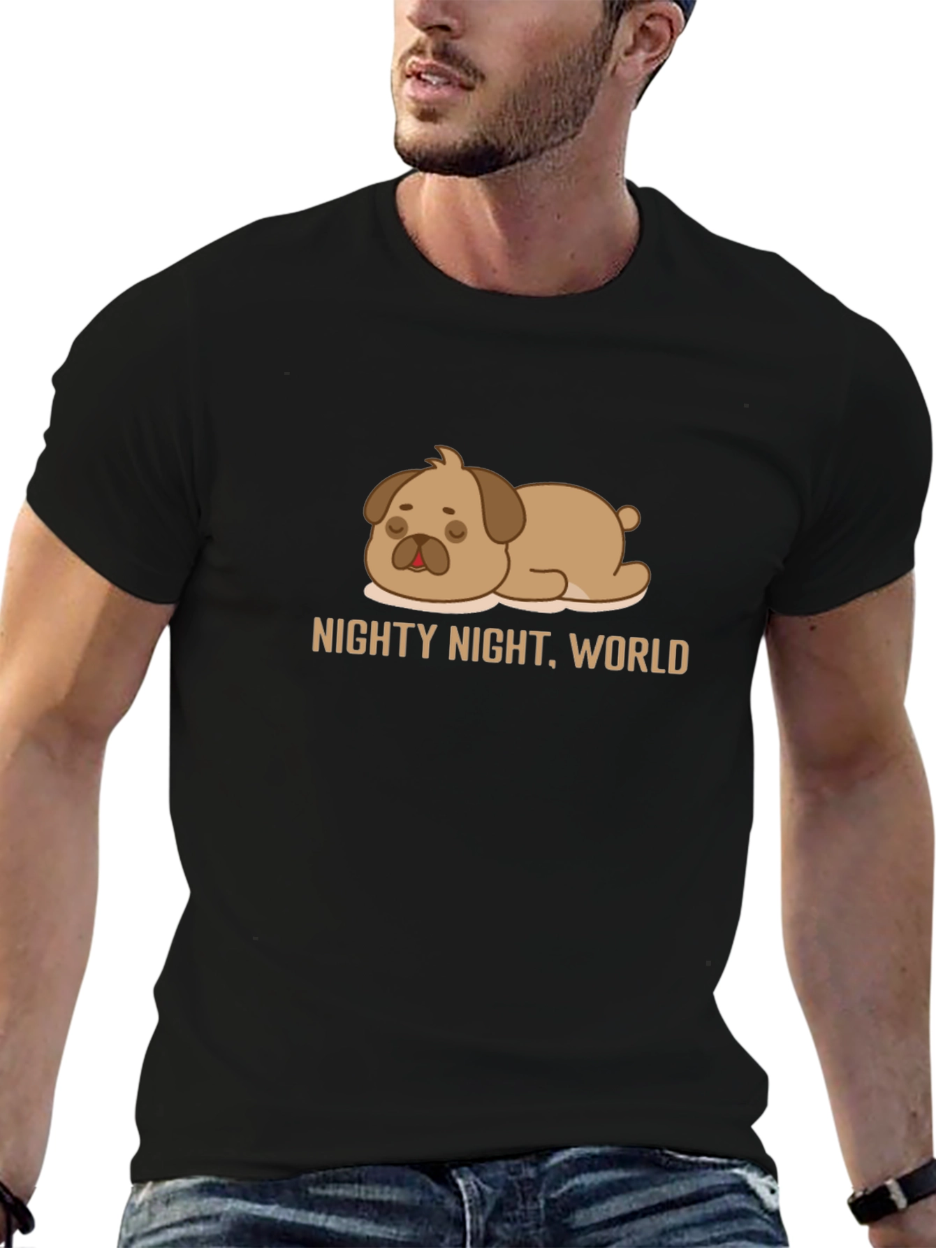 Black Nighty Night World Black T-Shirt with Cute Sleeping Dog Graphic view 6