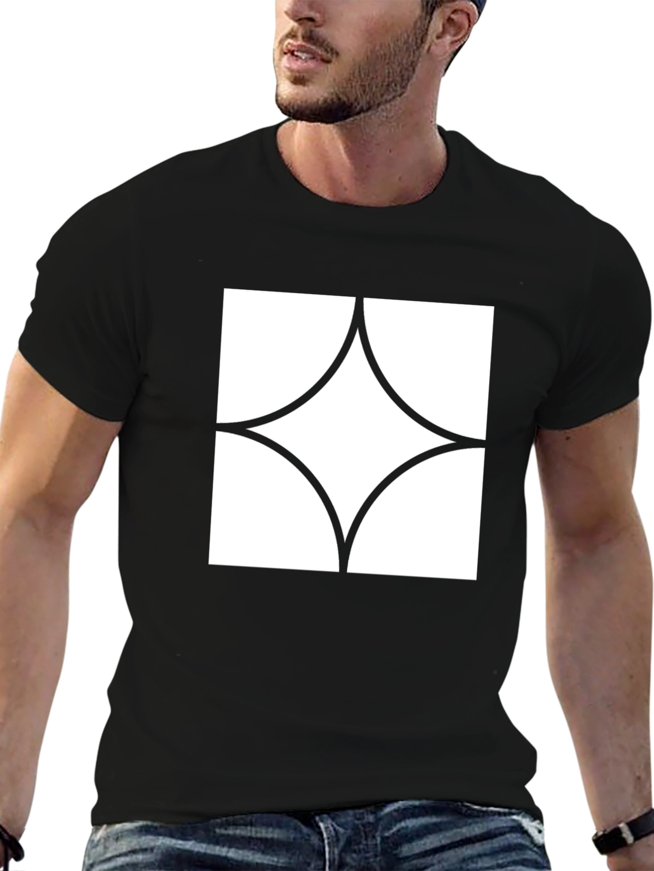 Black Modern Graphic Tee - Black with White Diamond Design view 6