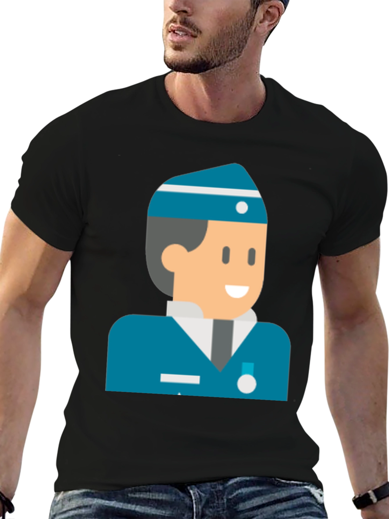 Black Cartoon Naval Officer Black T-Shirt view 6