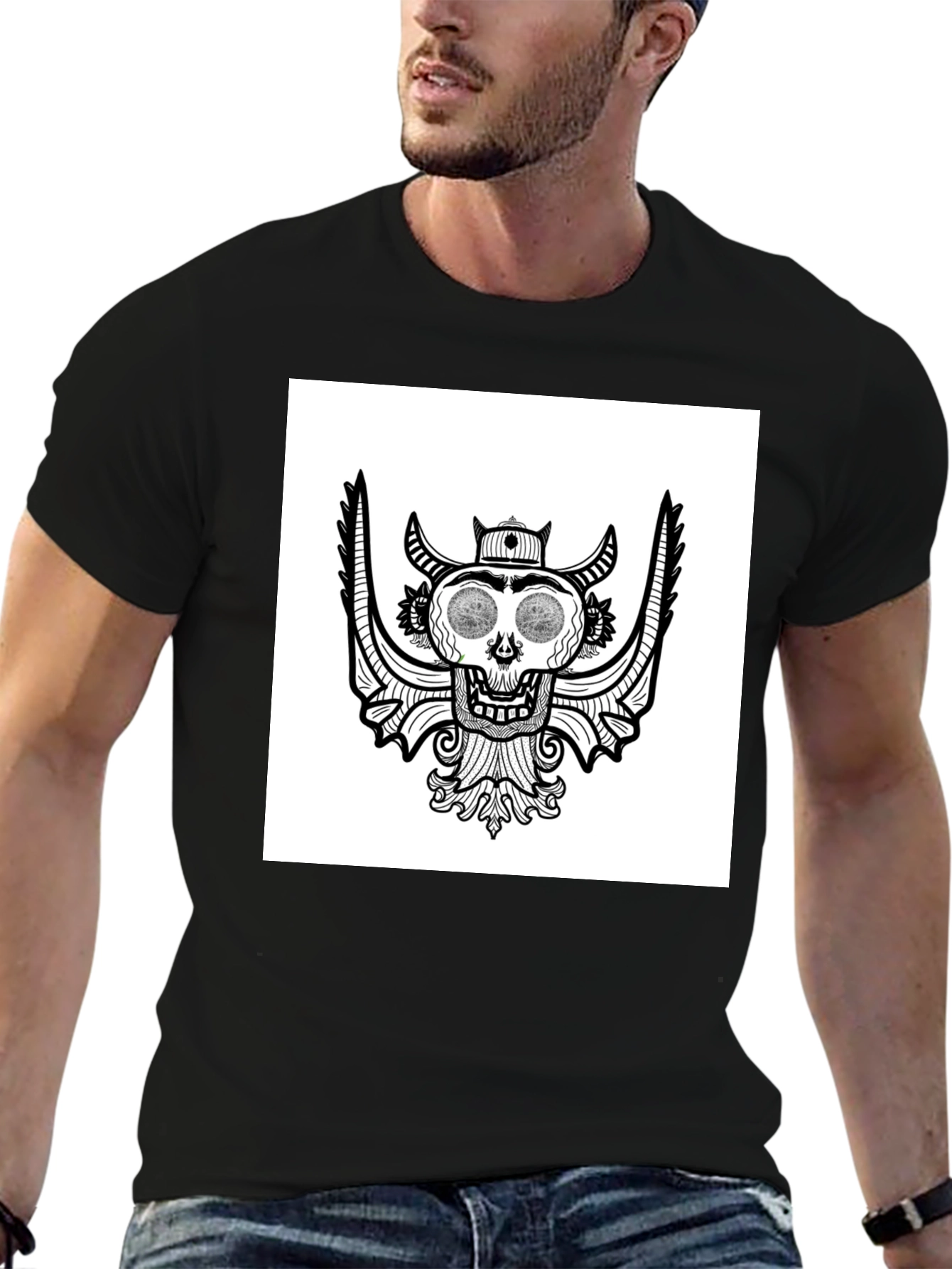 Black Skull Graphic Tee - Black Cotton T-Shirt view 6