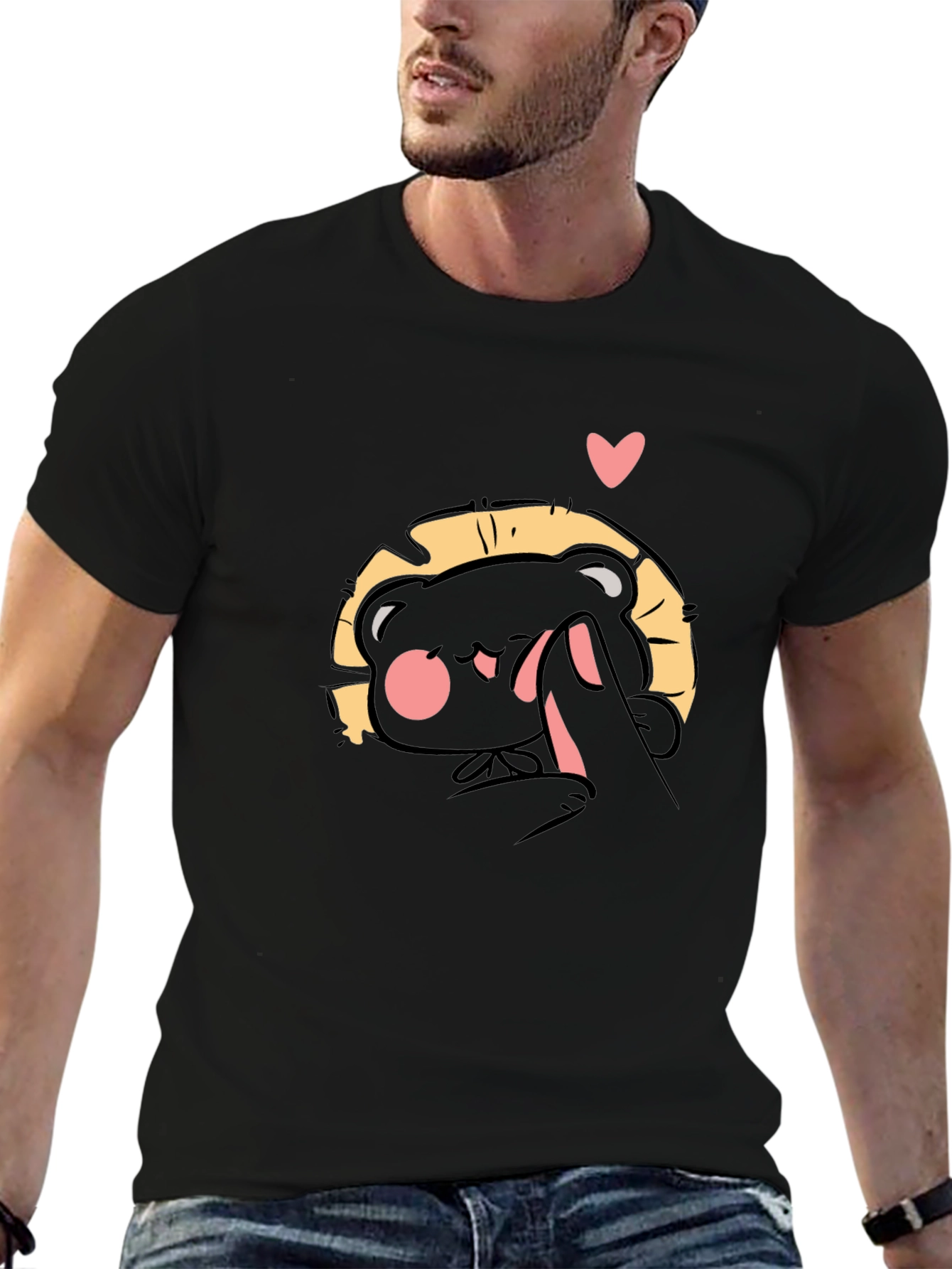 Cute Bear 'Finger Heart' Black T-Shirt - 6