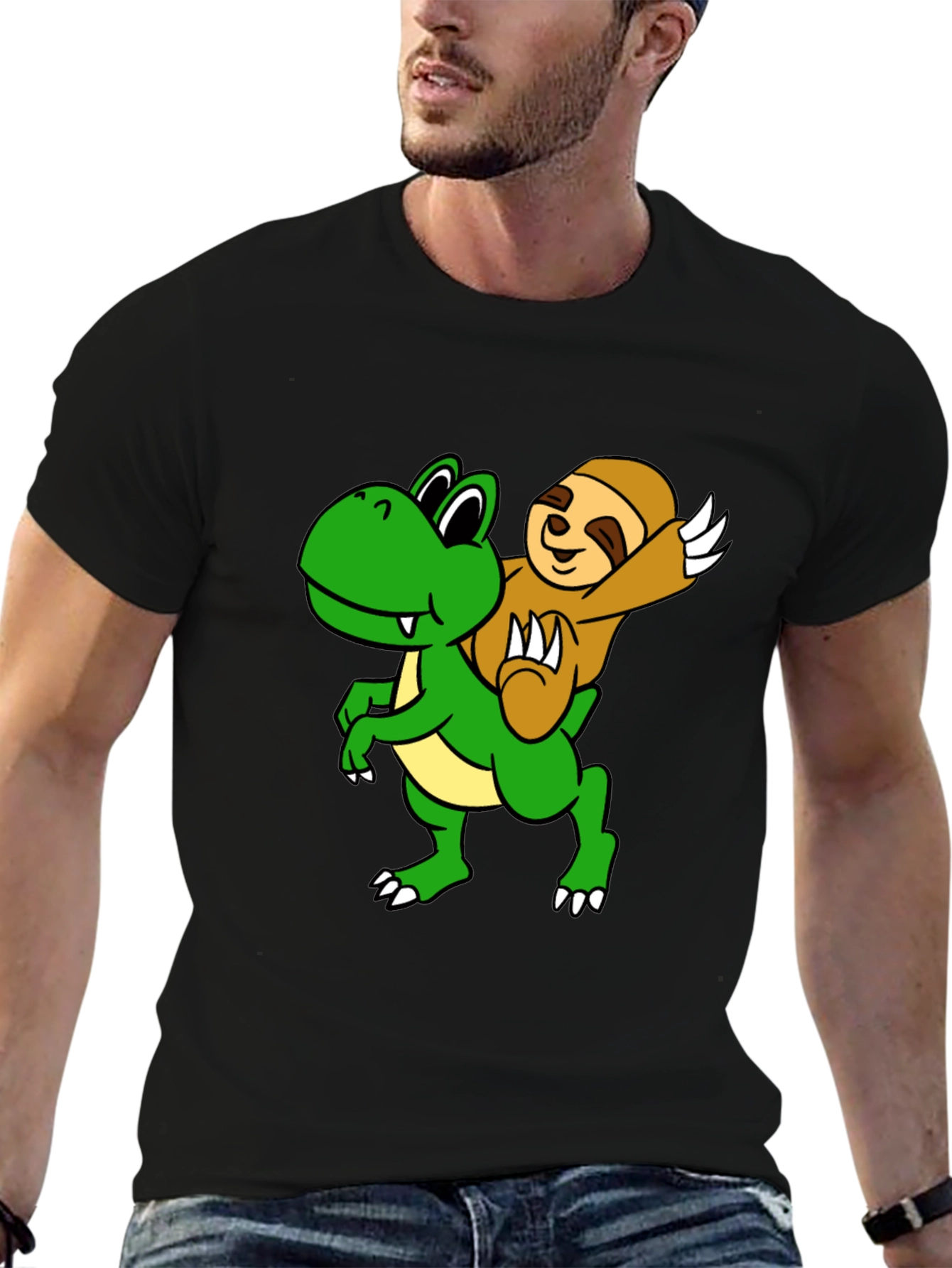 Black Sloth Riding Dinosaur Graphic Tee view 6